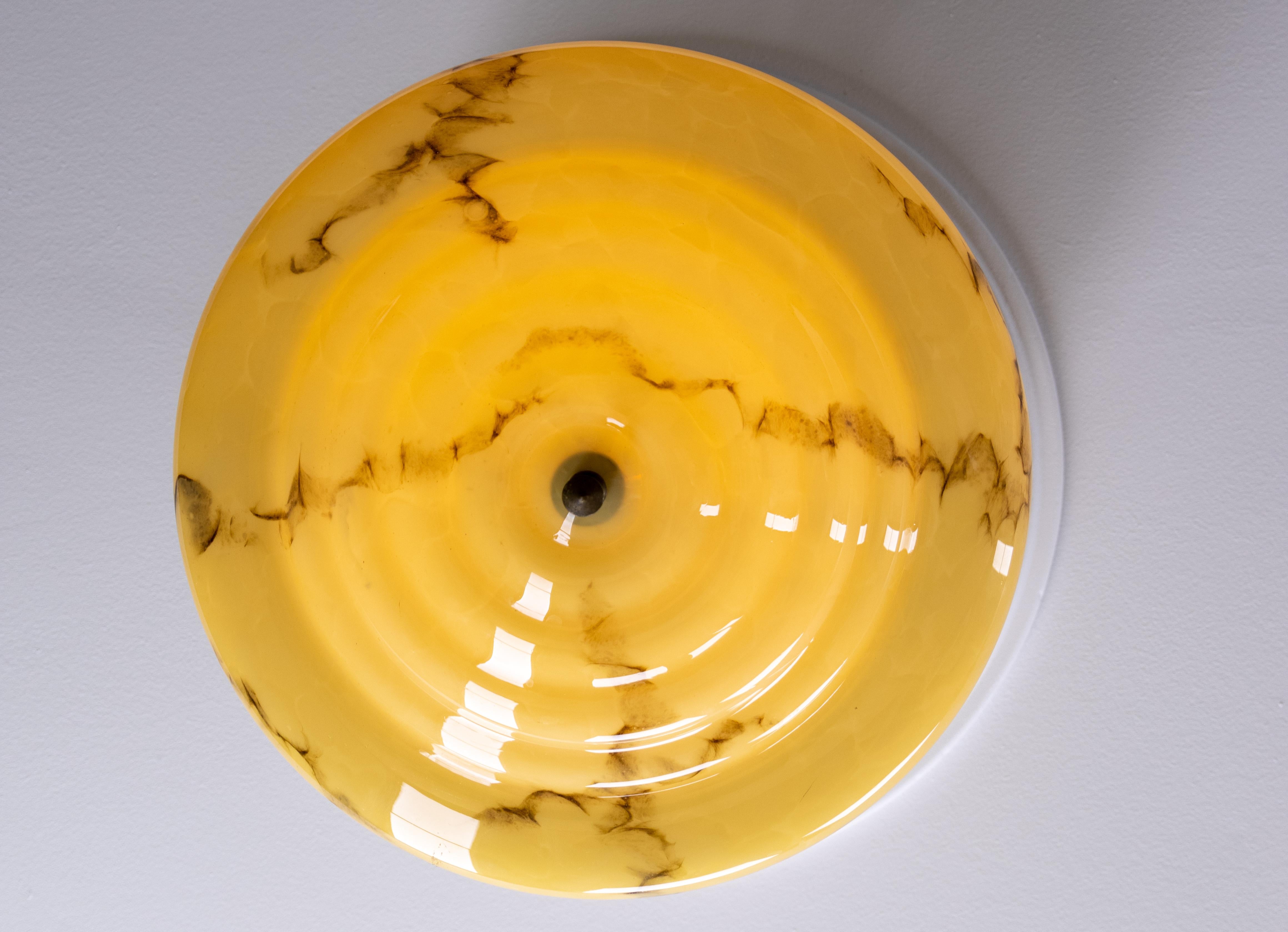 Metal Art Deco Marbled Yellow and Brown Glass and Brass Pendant Light, 1930s For Sale