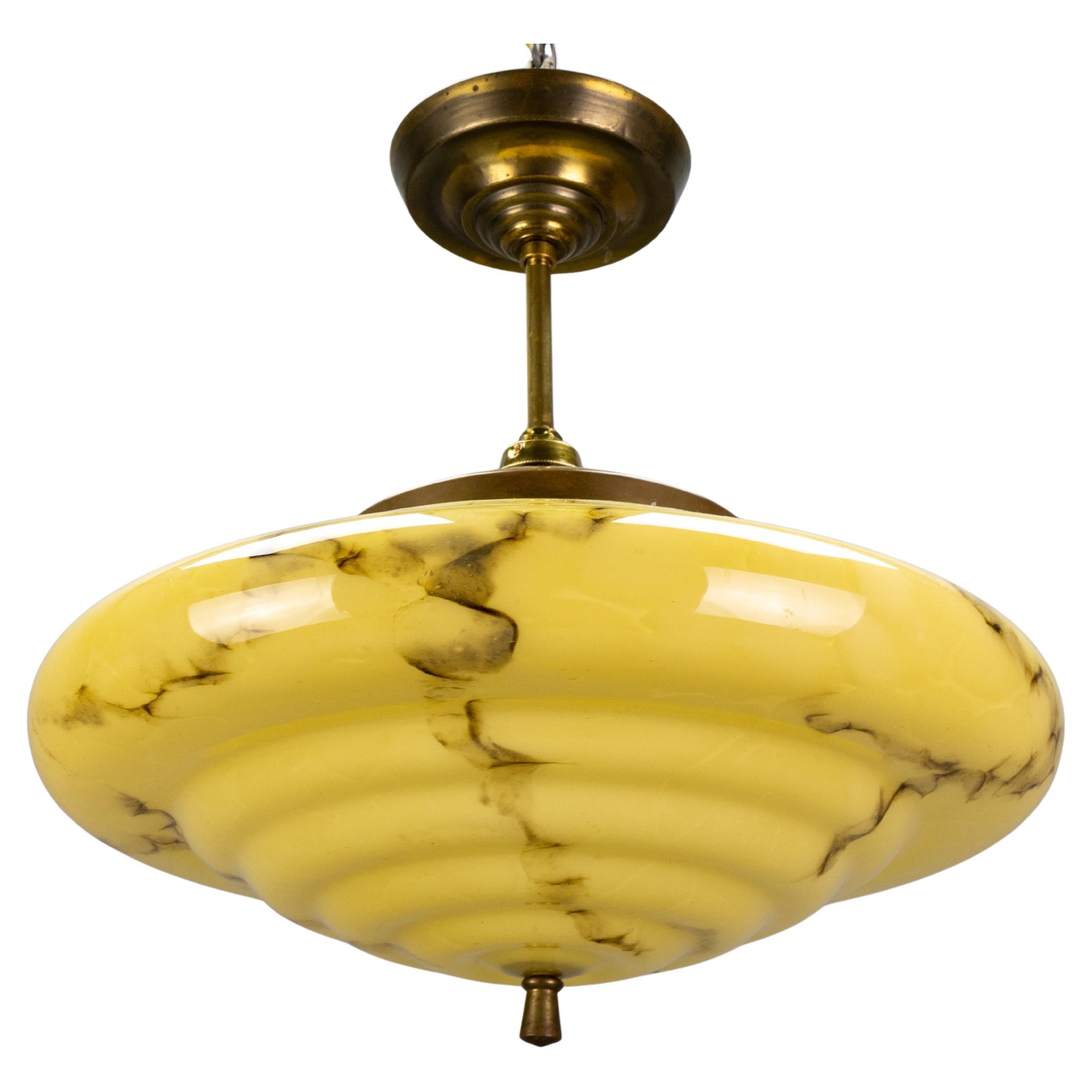 Art Deco Marbled Yellow and Brown Glass and Brass Pendant Light, 1930s