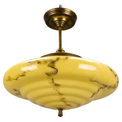 Art Deco Marbled Yellow and Brown Glass and Brass Pendant Light, 1930s