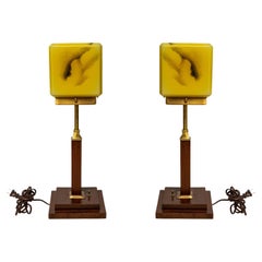 Art Deco Marbleized Art Glass Shade on Teak and Brass Base