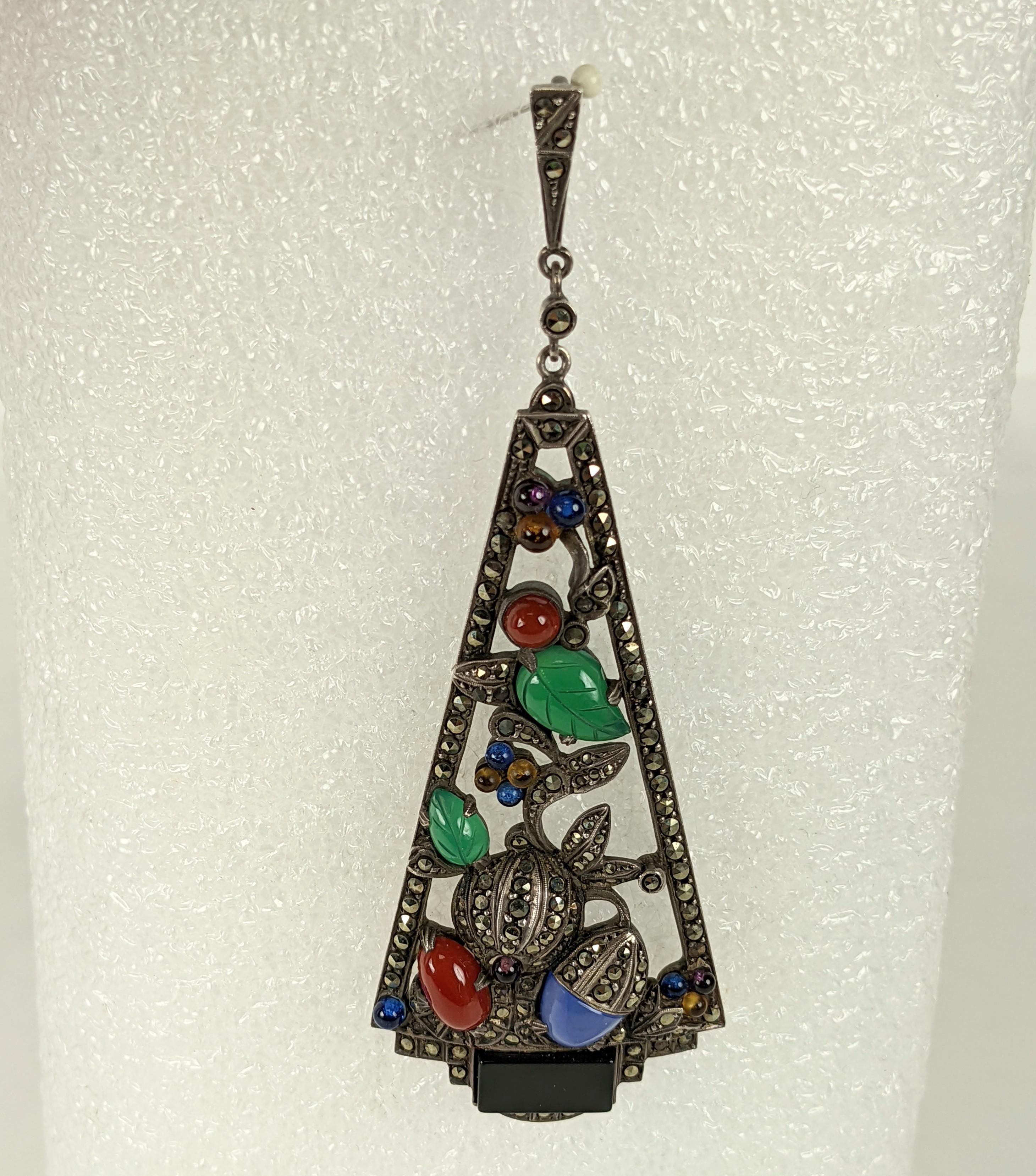 Art Deco Marcasite and Carved Stone Pendant 3