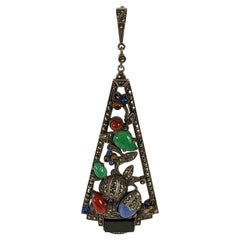 Art Deco Marcasite and Carved Stone Pendant