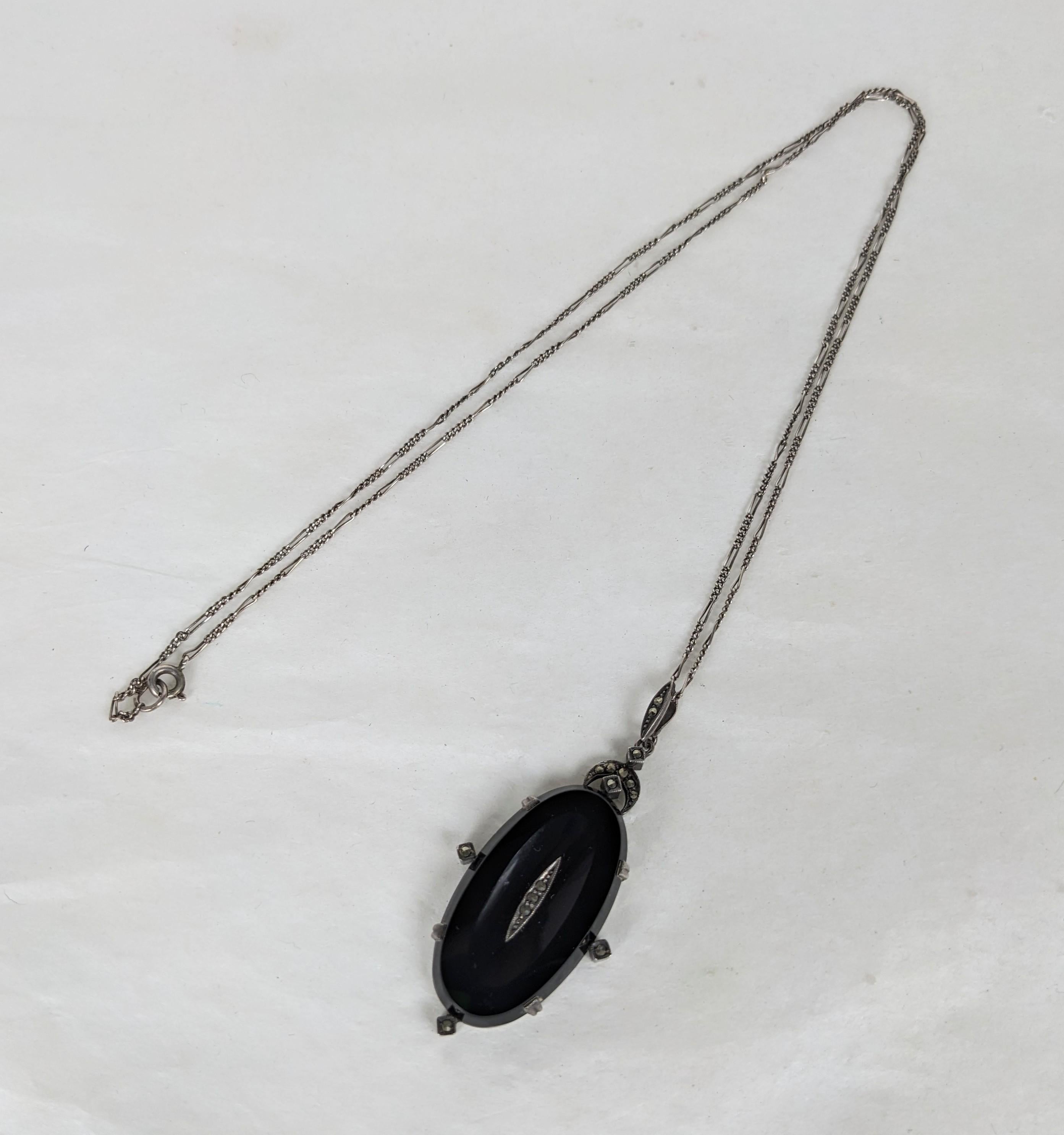 Oval Cut Art Deco Marcasite and Onyx Pendant For Sale