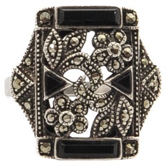 Art Deco Marcasite and Onyx Sterling Silver Flower Ring