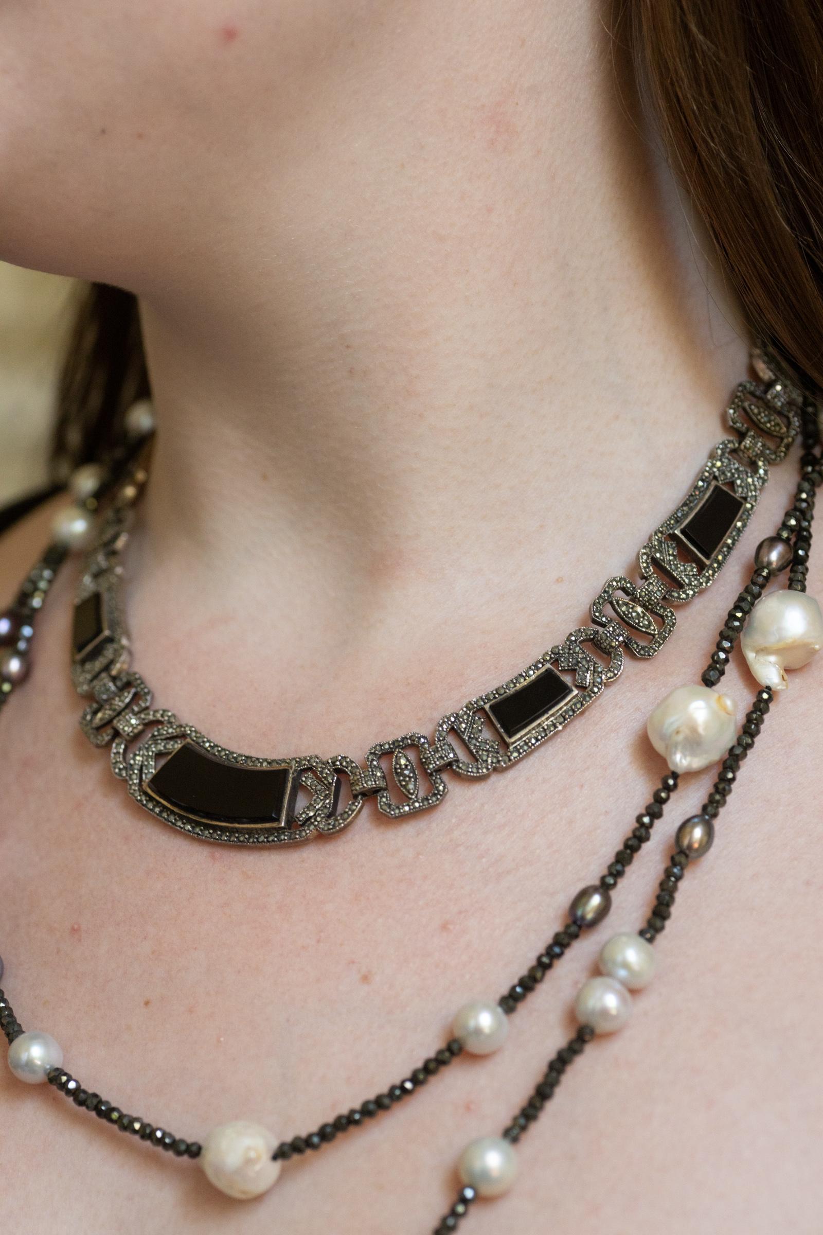 Collana Art Deco in argento sterling con Marcasite e Onice in vendita 3