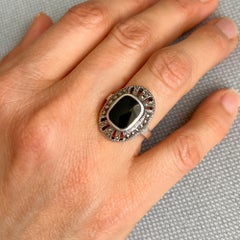 Art Deco Marcasite and Onyx Sterling Silver Oval Ring