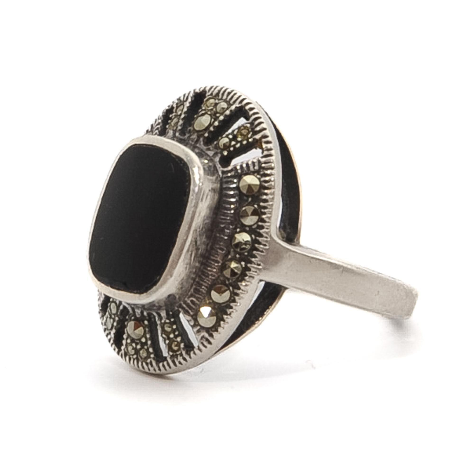 Oval Cut Art Deco Marcasite and Onyx Sterling Silver Oval Ring For Sale