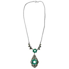 Art Deco Marcasite and Green Stone Necklace                             