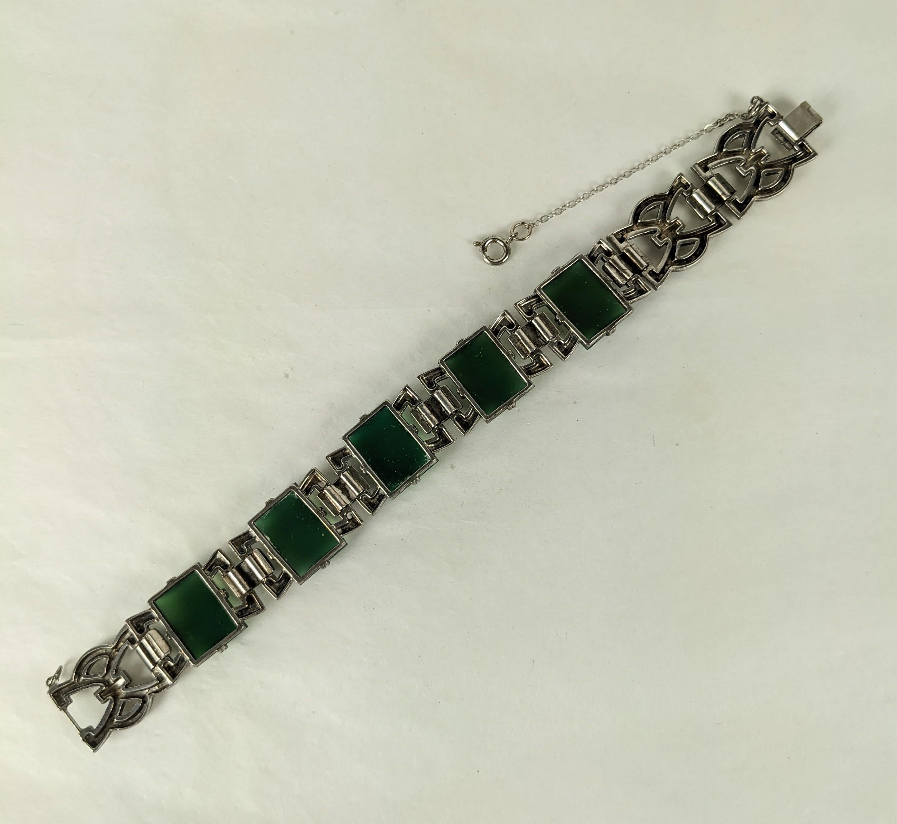 Sugarloaf Cabochon Art Deco Marcasite Green Onyx Bracelet For Sale