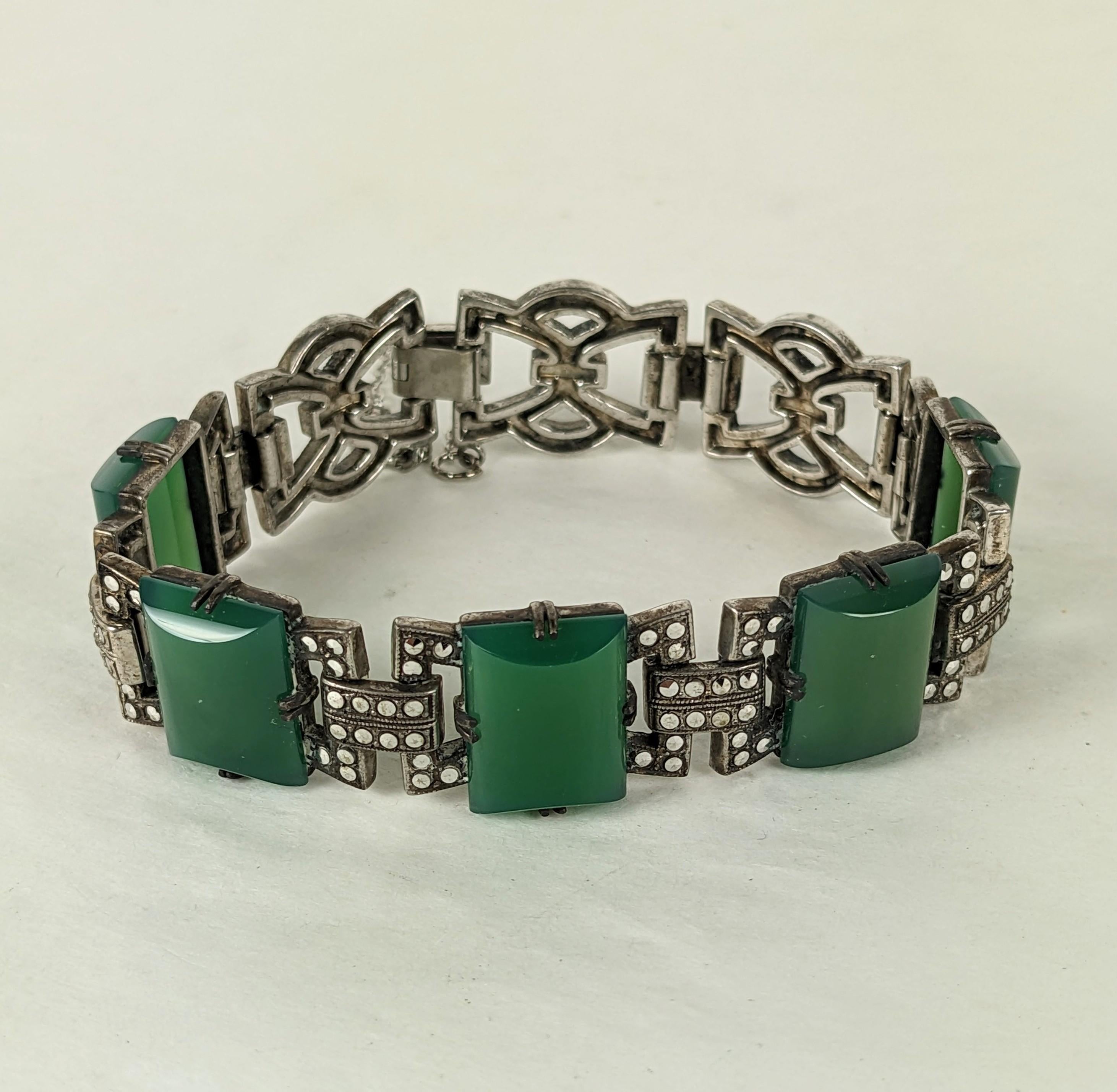 Art Deco Marcasite Green Onyx Bracelet In Excellent Condition For Sale In New York, NY