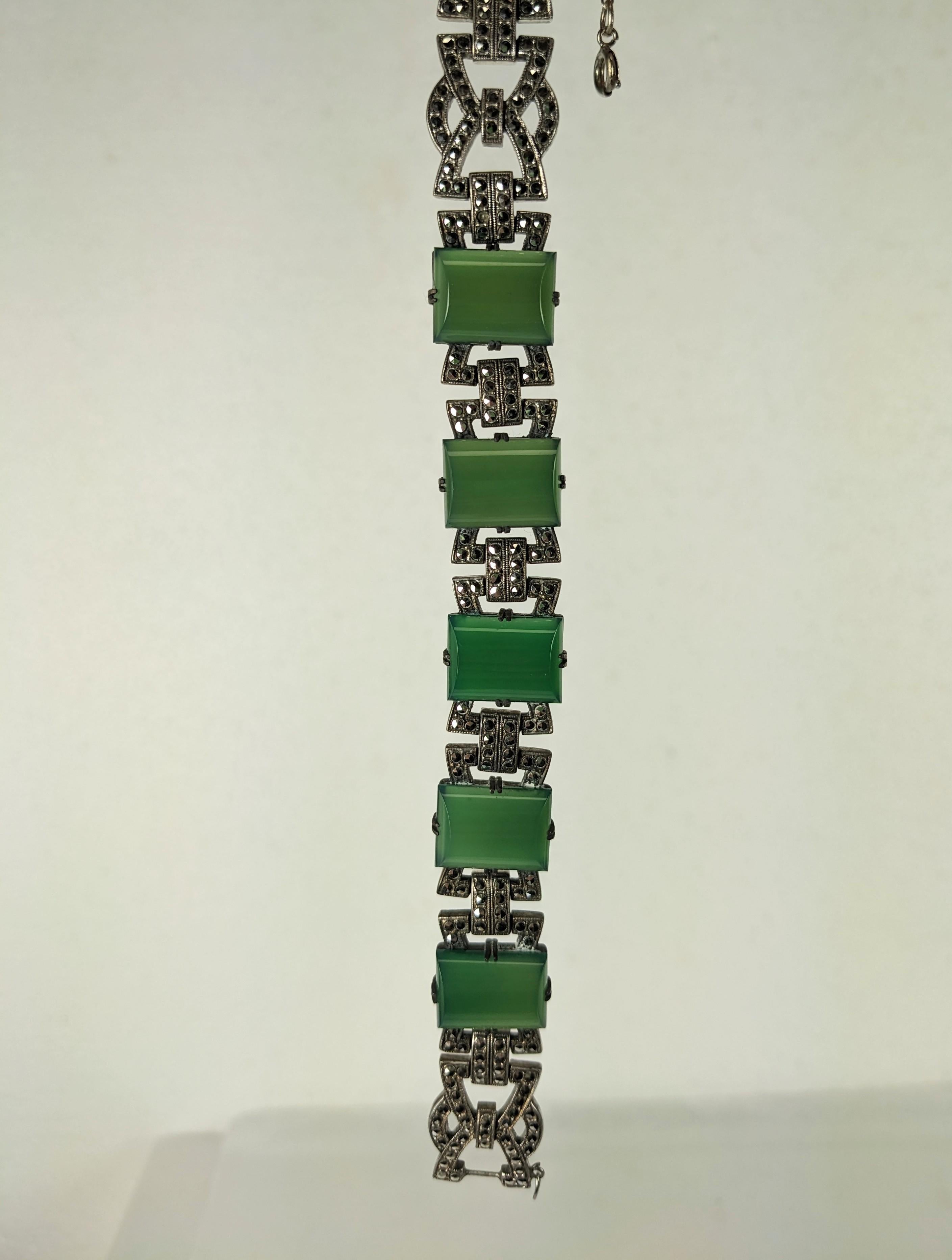 Women's Art Deco Marcasite Green Onyx Bracelet For Sale