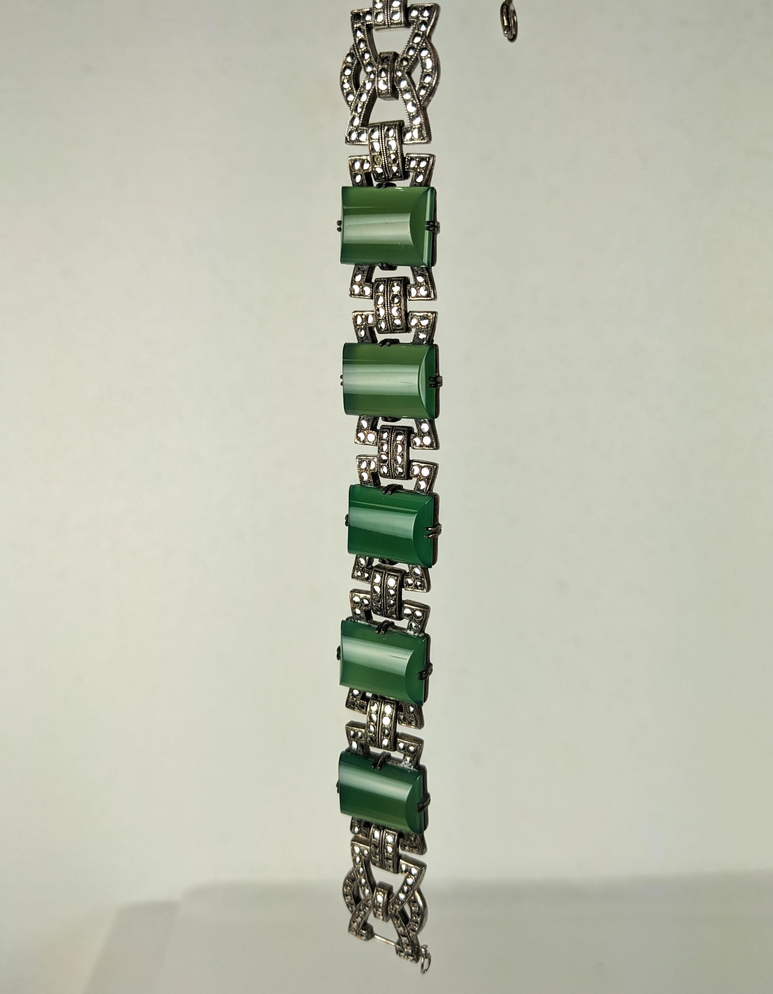 Art Deco Marcasite Green Onyx Bracelet For Sale 1