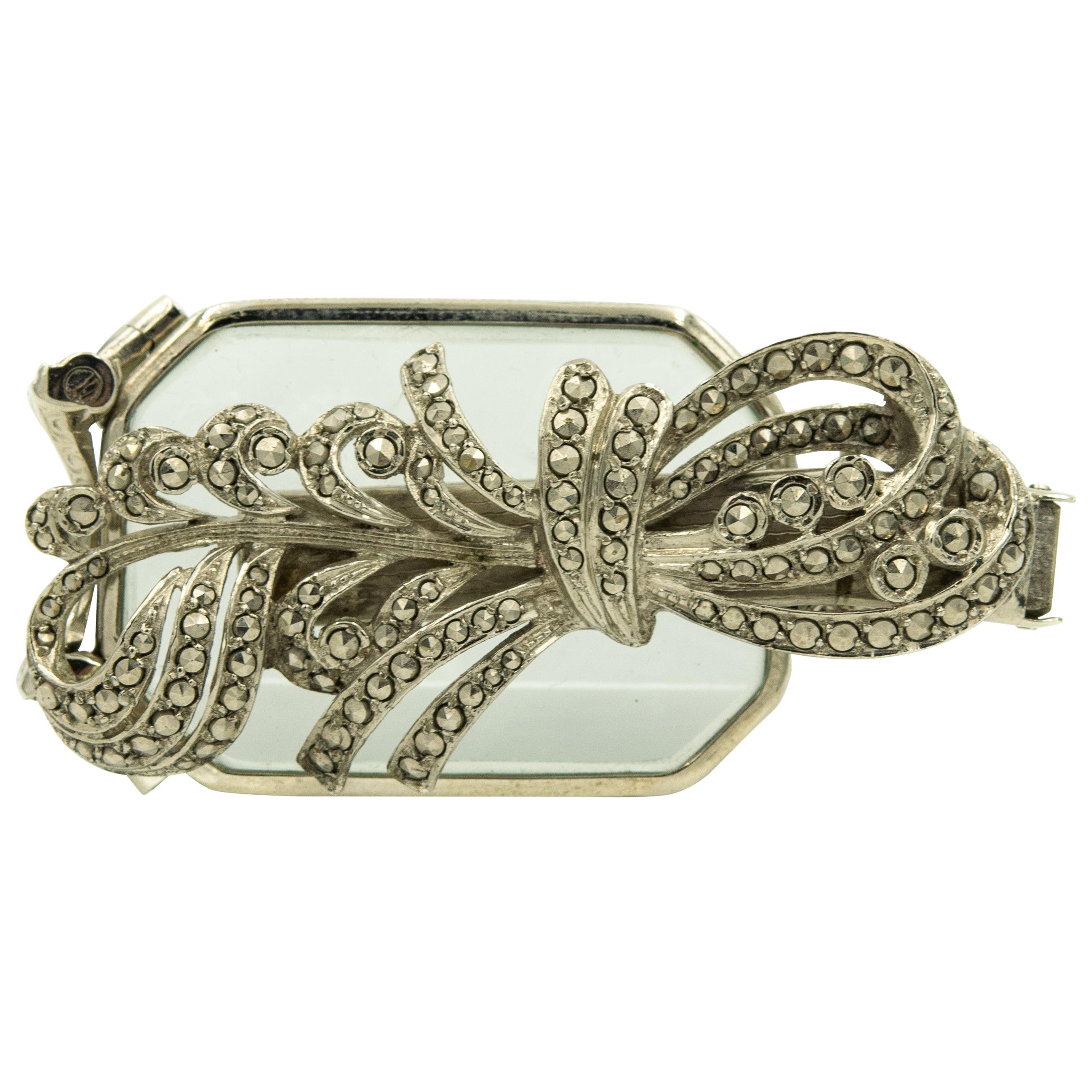 Art Deco Marcasite Sterling Silver Bow Folding Opera Lorgnette Brooch Dress Clip