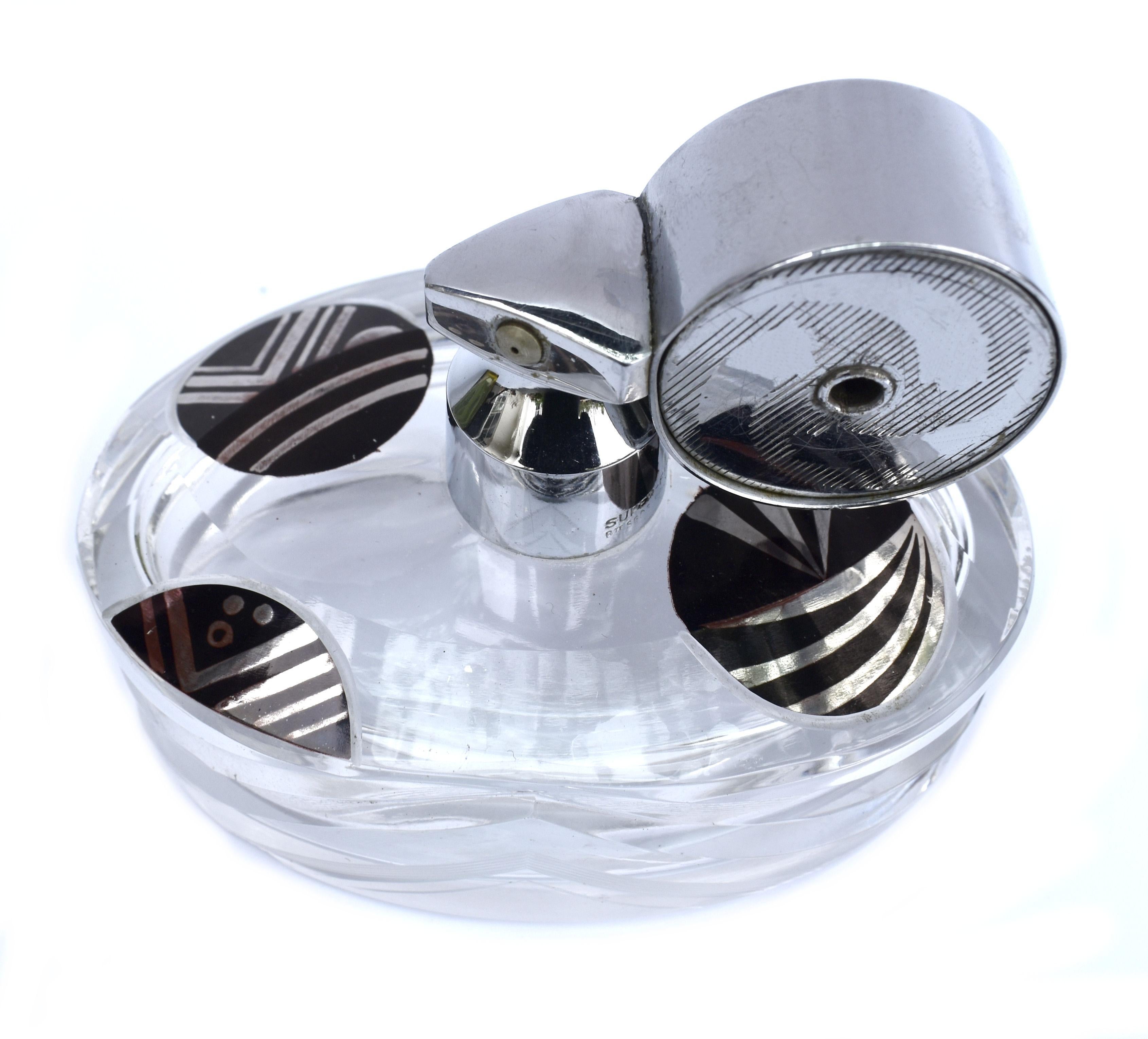 A truly beautiful Art Deco crystal glass and chrome atomiser dating to the 1930’s very much in the style of Karl Palda. Everything works as it should and is present and undamaged. All original and perfect vanity piece for both the collector and gift