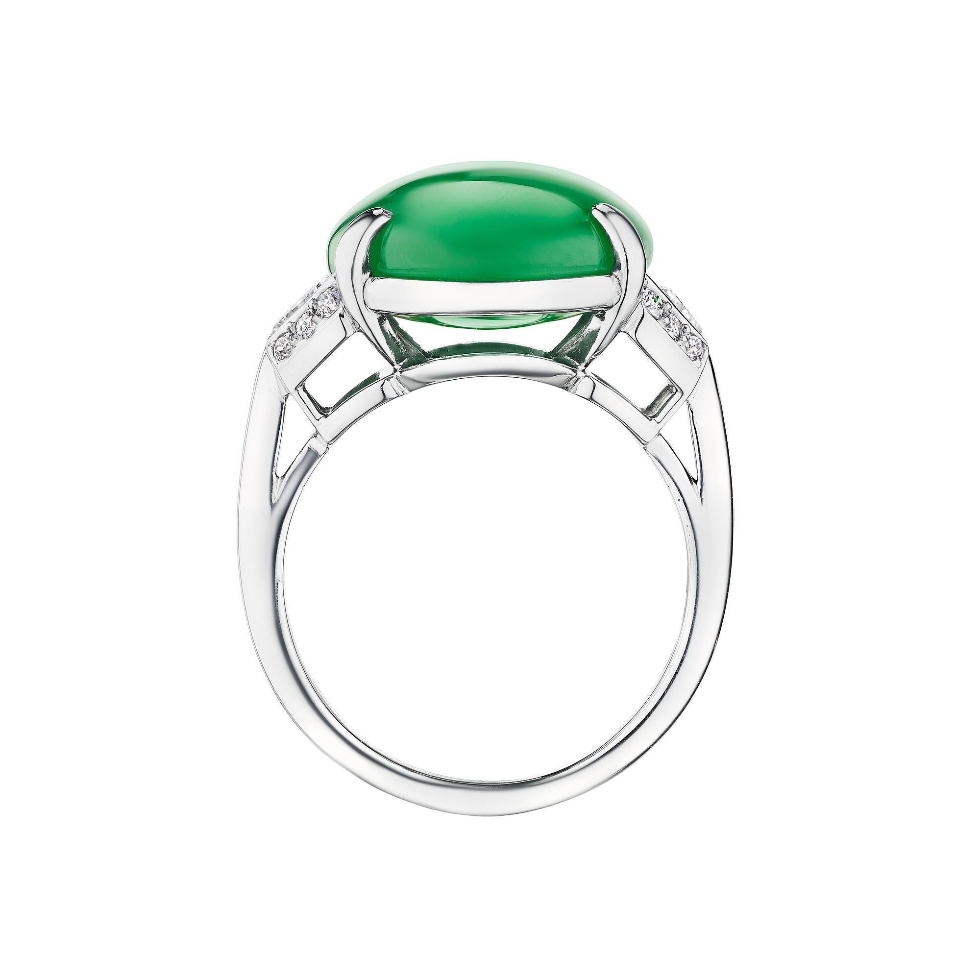 Oval Cut Art Deco Marcus & Co. 14.33 Carat Oval Cabochon Cut Jade Diamond Platinum Ring For Sale