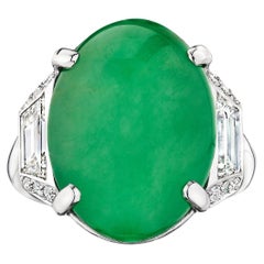 Art Deco Marcus & Co. 14.33 Carat Oval Cabochon Cut Jade Diamond Platinum Ring