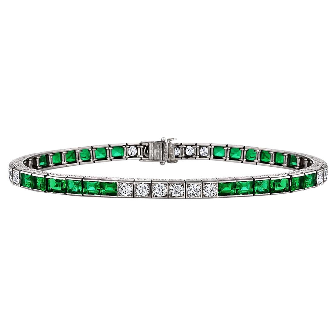 Art Deco Marcus & Co. Emerald Diamond Platinum Line Bracelet