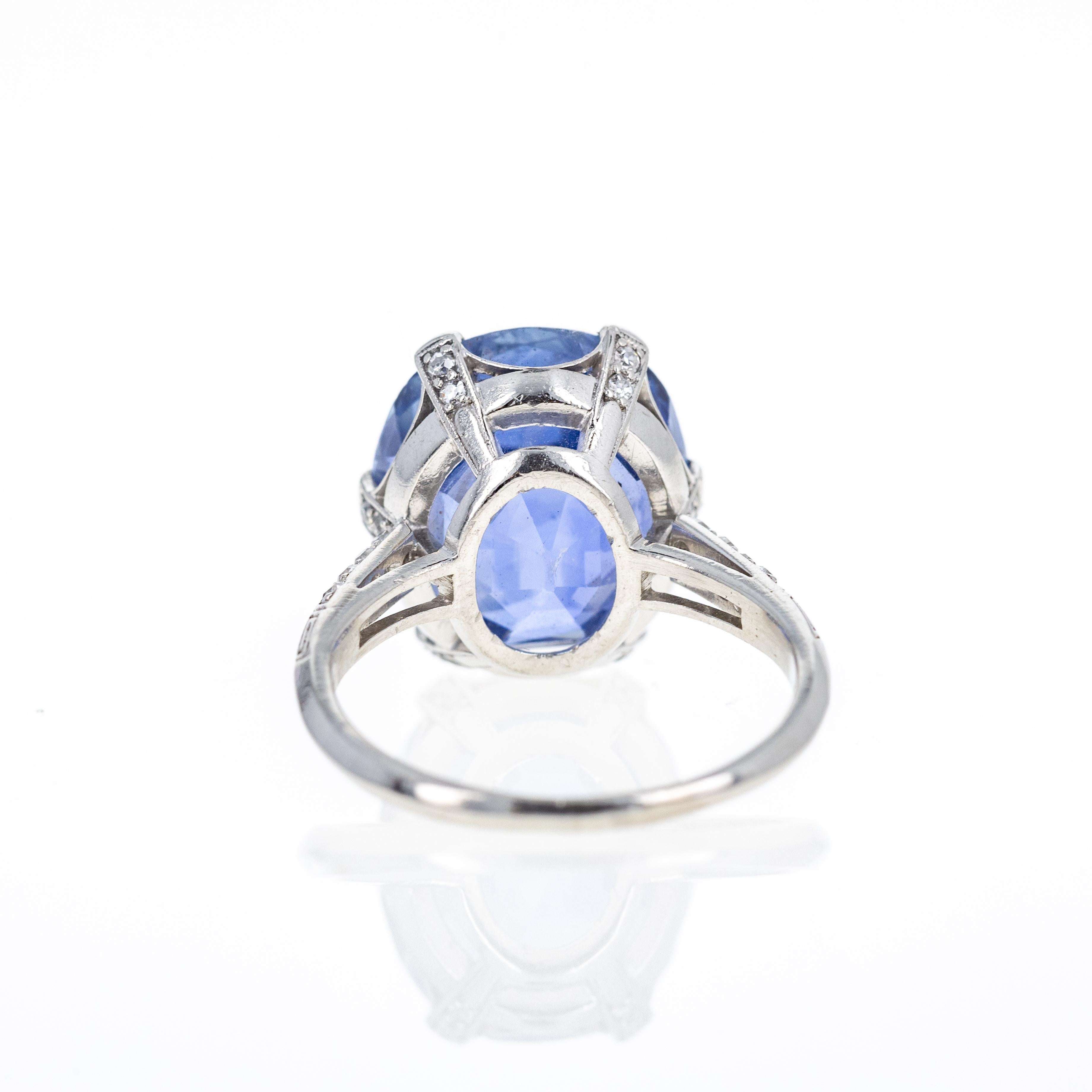 Oval Cut Art Deco Marcus & Co. Platinum 12 Carat No Heat Oval Sapphire Diamond Ring For Sale