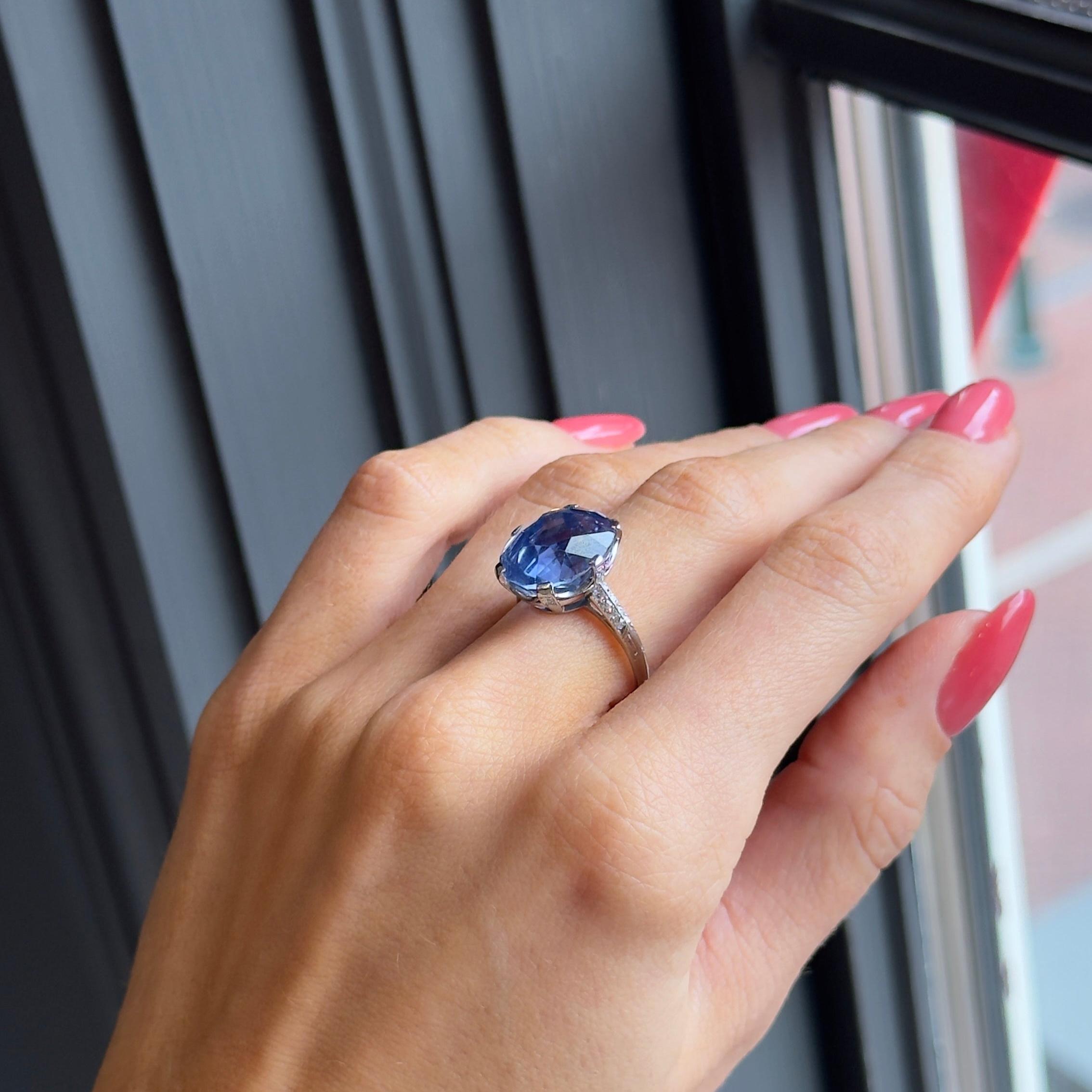 Art Deco Marcus & Co. Platinum 12 Carat No Heat Oval Sapphire Diamond Ring For Sale 1