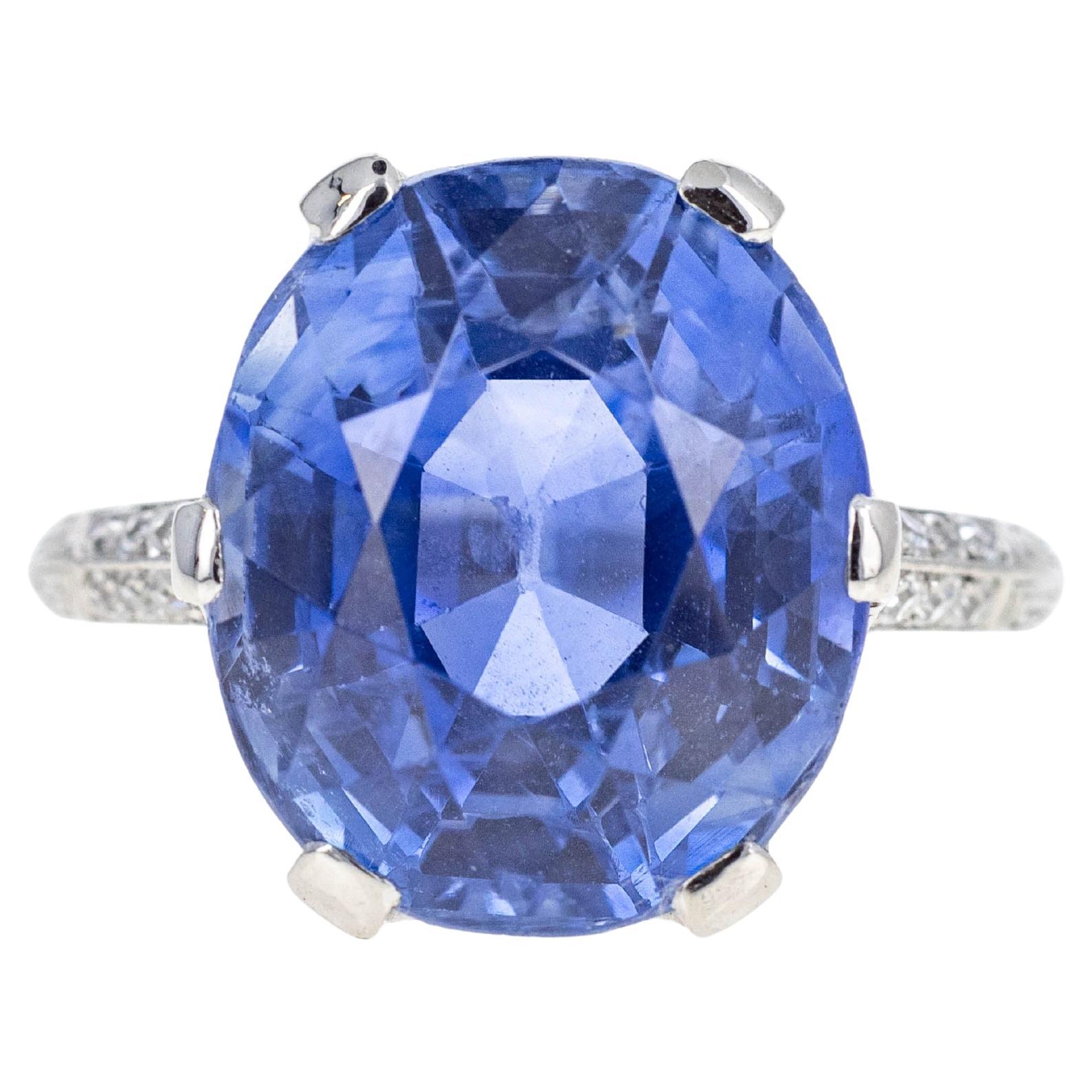 Art Deco Marcus & Co. Platinum 12 Carat No Heat Oval Sapphire Diamond Ring