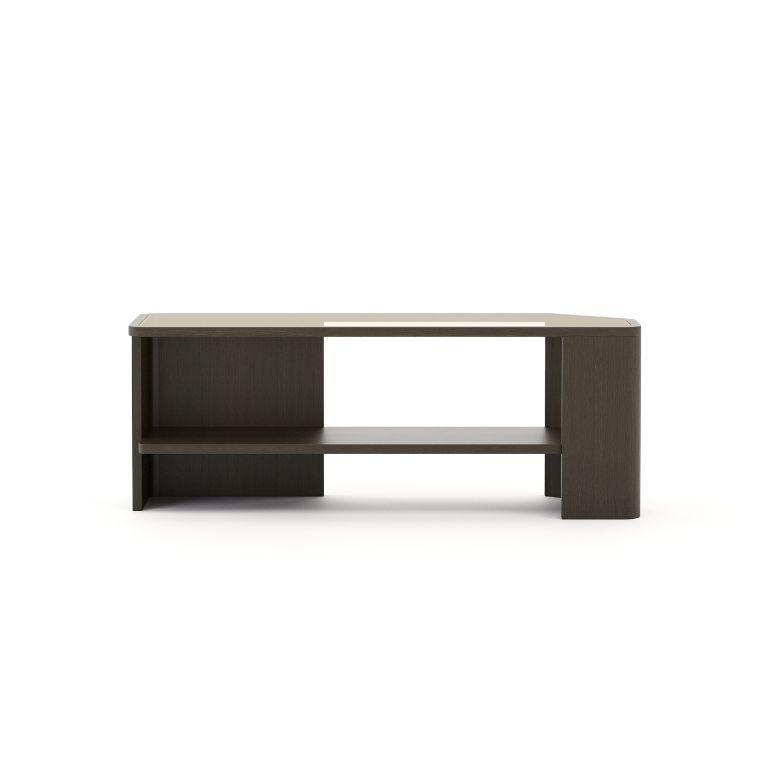 Precise lines and sharp edges outline the Margem Console’s silhouette which follows the unpredictable contours of a riverbank.
The top of the console is made with see-through-resistant glass that allows us to see the decorative motifs one can place