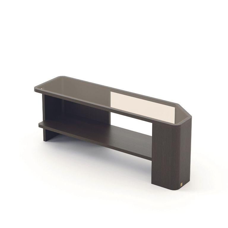 Hand-Crafted Art Deco Margem Low Console made with Oak and Glass, Handmade by Stylish Club For Sale