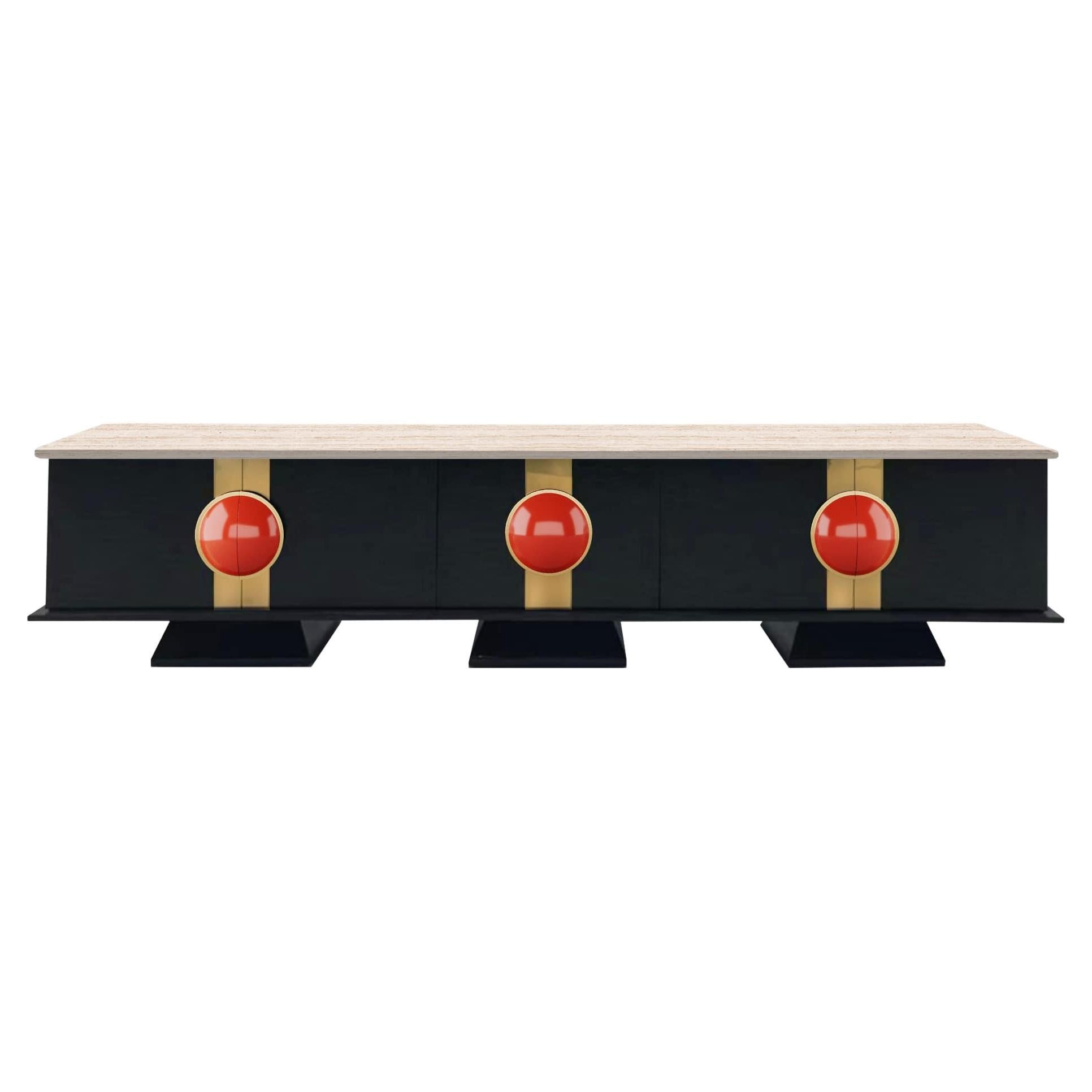 Moderner Art-Déco-Tischtischständer/ Sideboard aus Holz mit schwarzen, schwarzen und roten Vogelaugengriffen