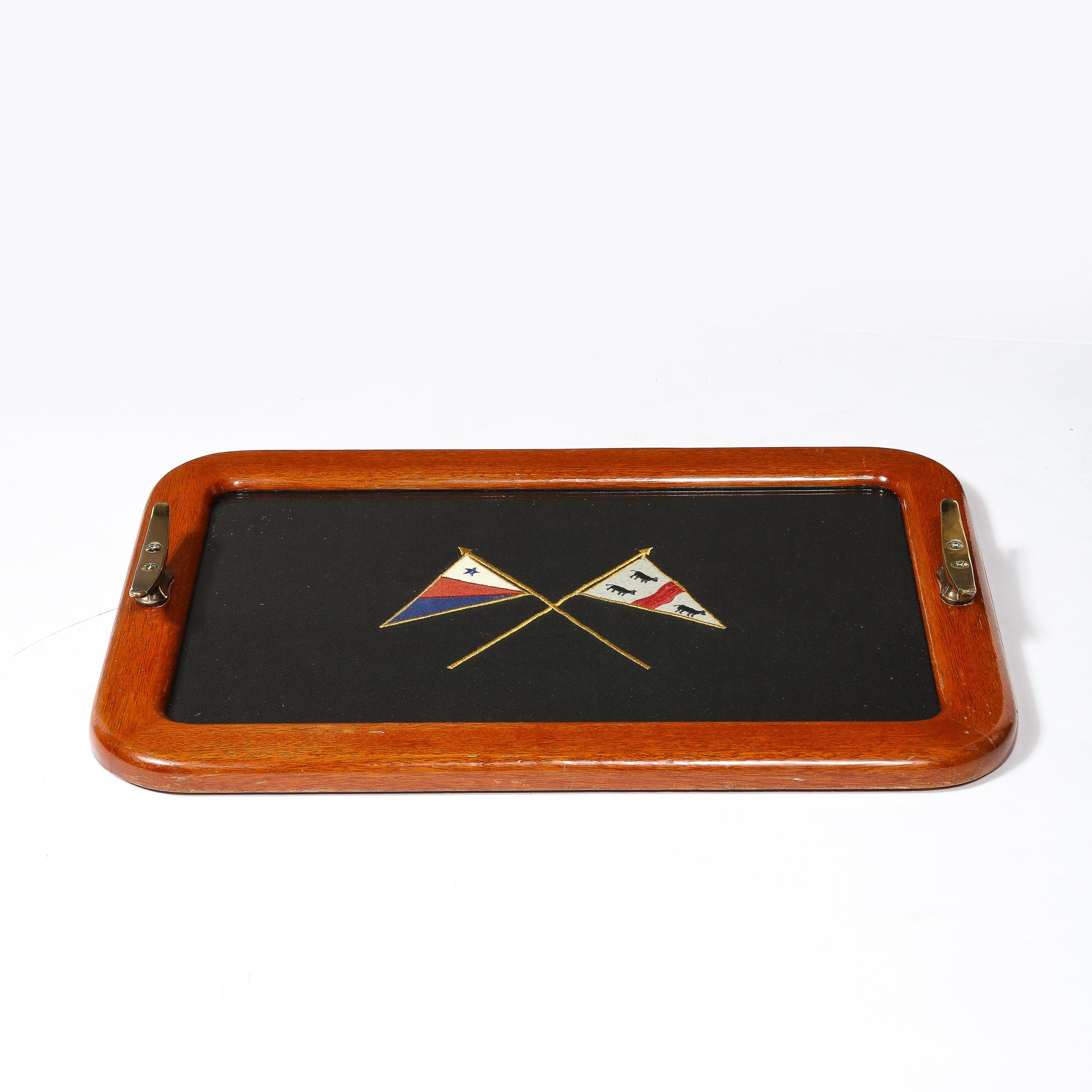American Art Deco Maritime Walnut Serving Tray with Embroidered Flag & Brass Detailing For Sale