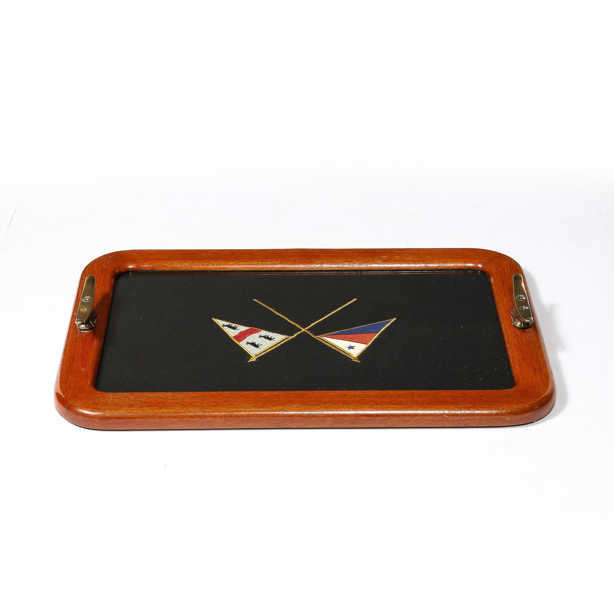 Art Deco Maritime Walnut Serving Tray with Embroidered Flag & Brass Detailing For Sale 2