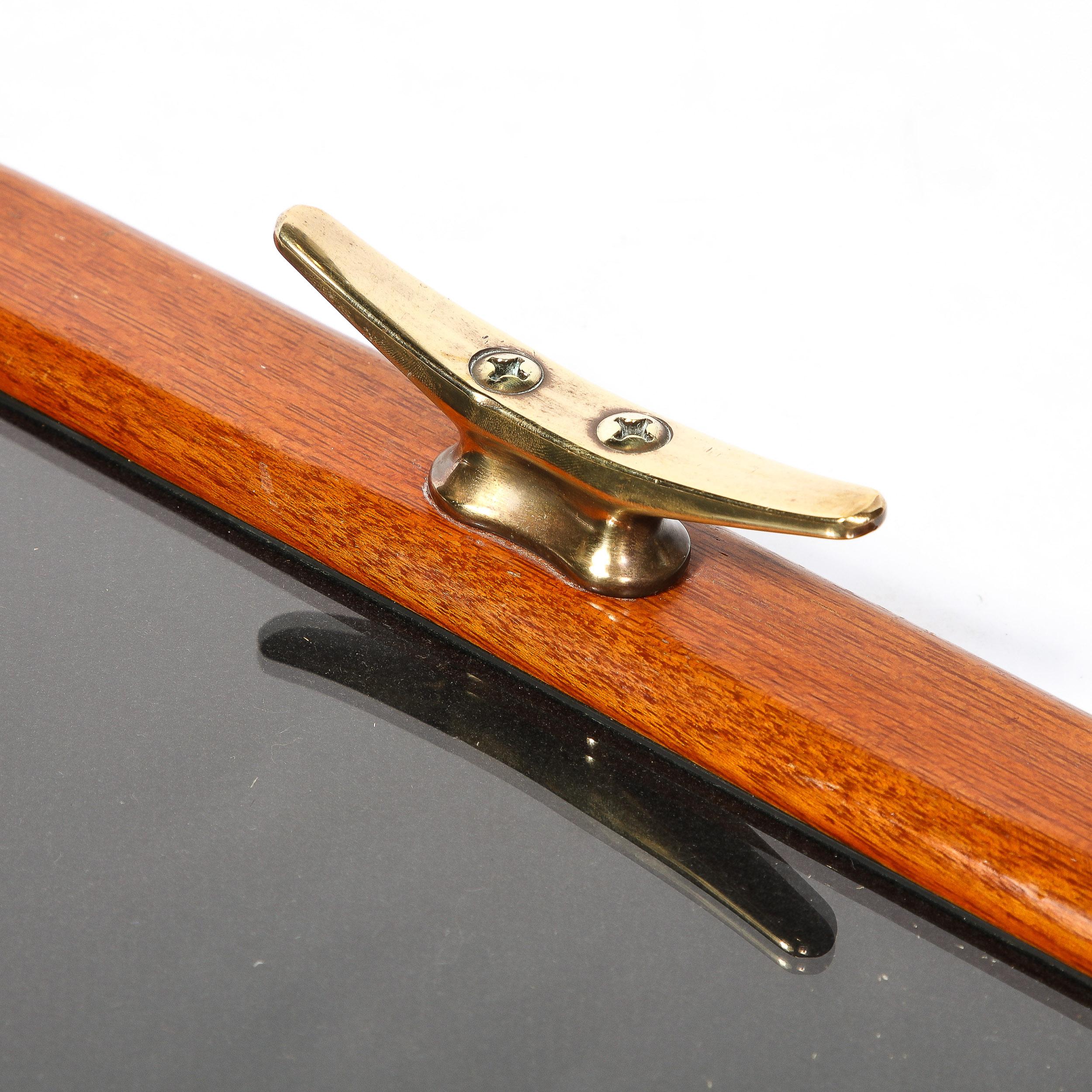 Art Deco Maritime Walnut Serving Tray with Embroidered Flag & Brass Detailing For Sale 3