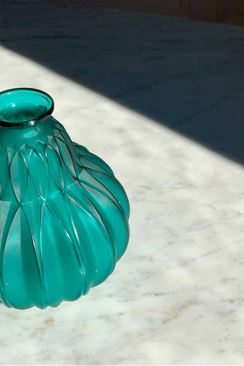 Vintage Sabino Art Deco art glass vase. This vase is produced from rare electric blue/green glass and is Hand etched signed on the underneath 