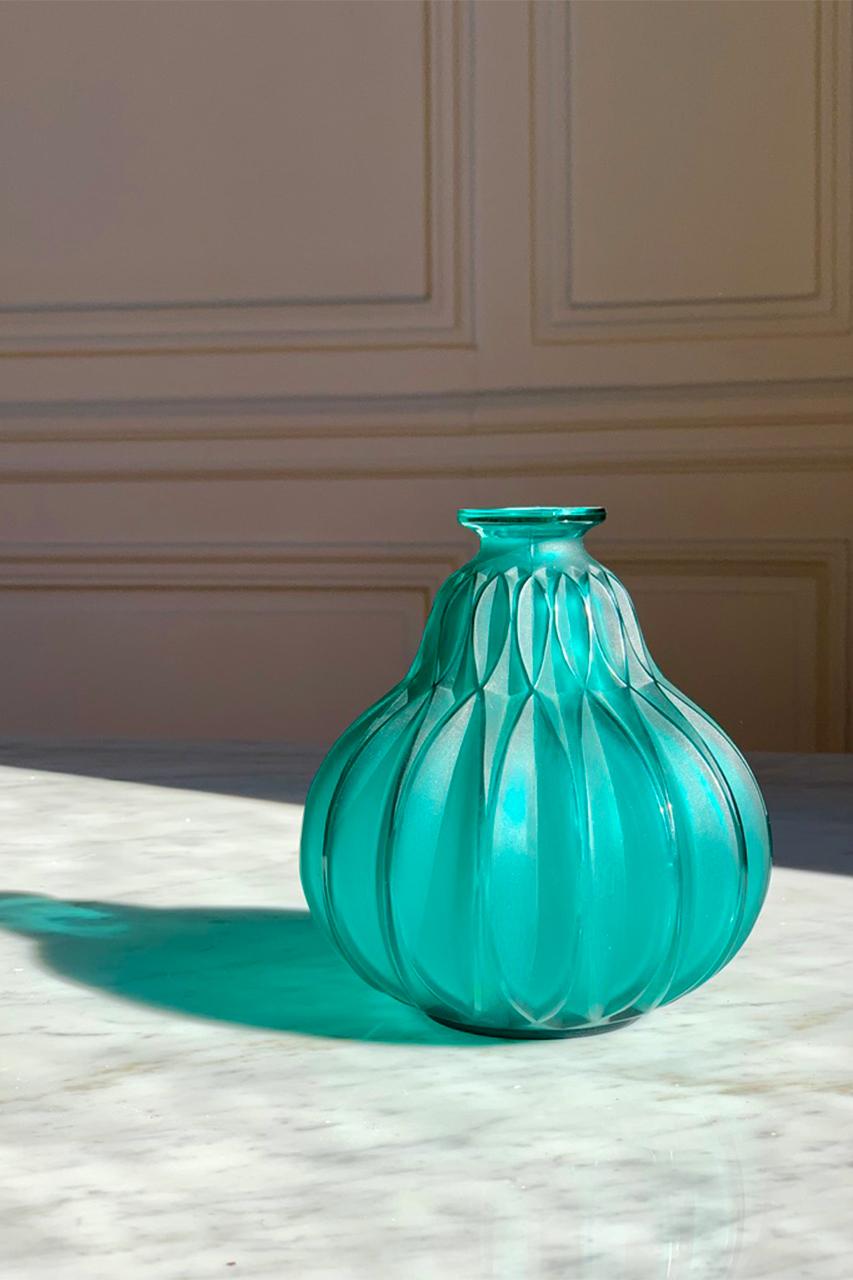 French Art Deco Marius Sabino Green Glass Vase For Sale