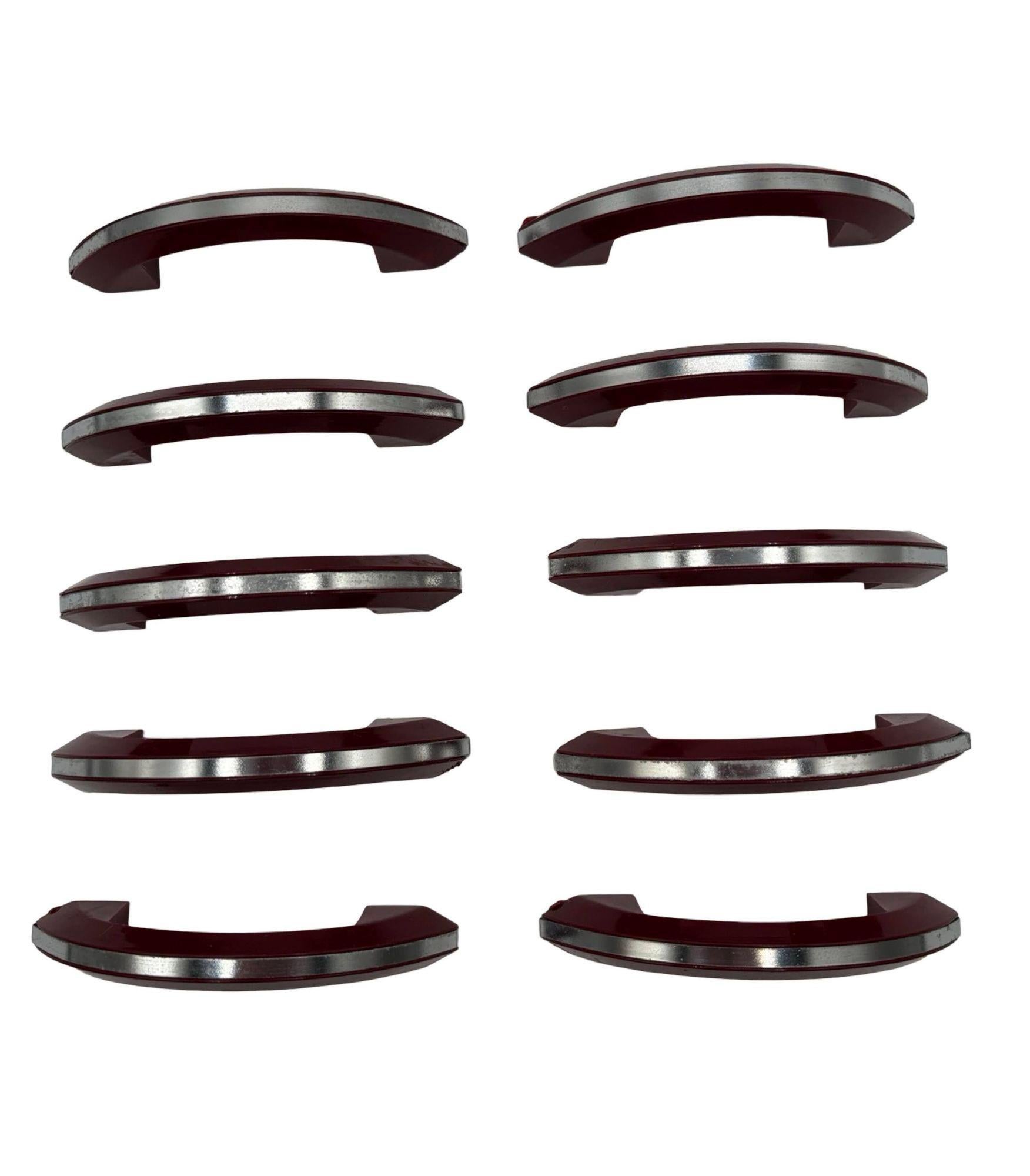 Mid-20th Century Art Deco Maroon Red Catalin/Bakelite Drawer Pulls w/ Chrome Strip, Set of 10 For Sale