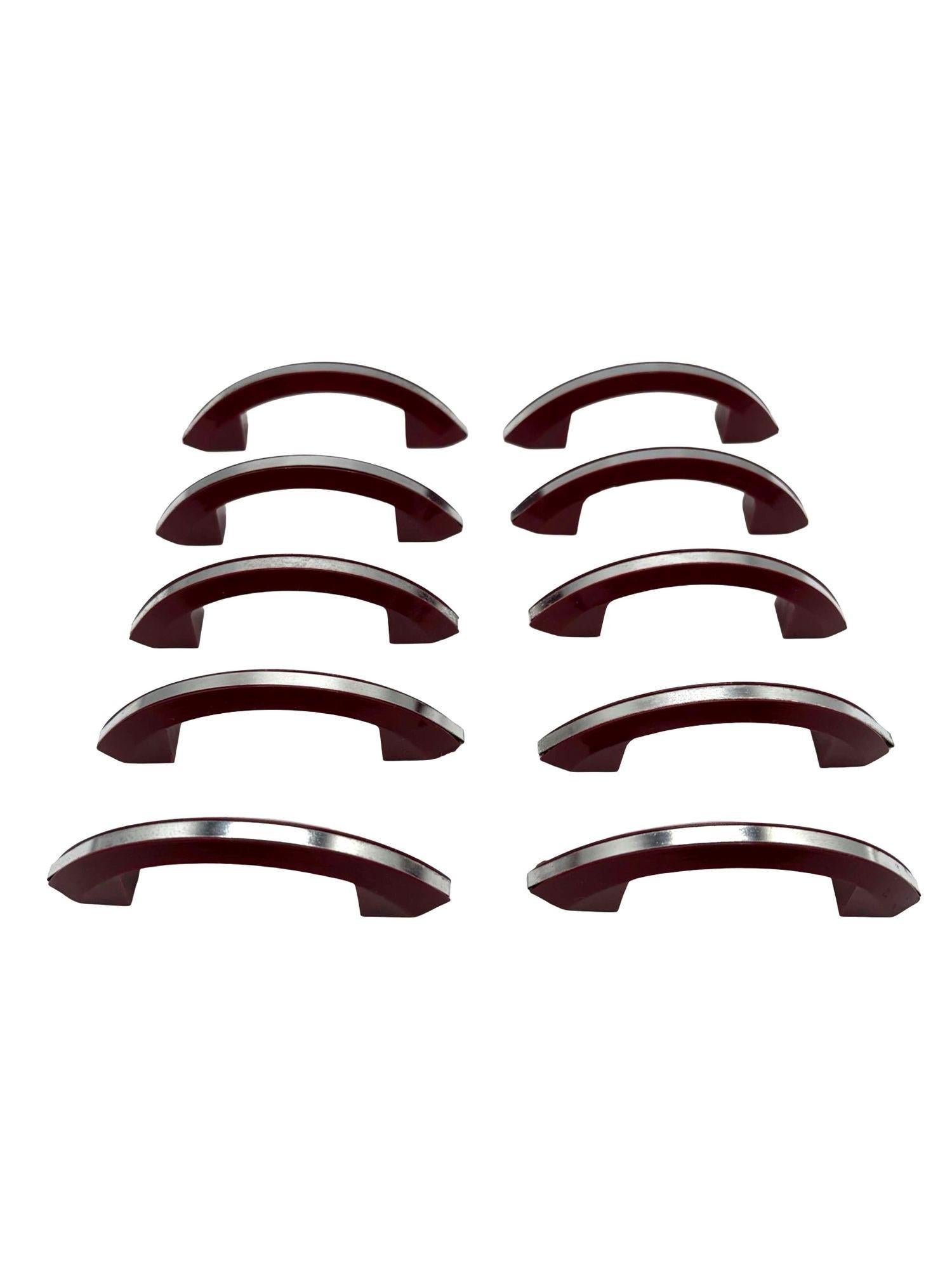 Aluminum Art Deco Maroon Red Catalin/Bakelite Drawer Pulls w/ Chrome Strip, Set of 10 For Sale