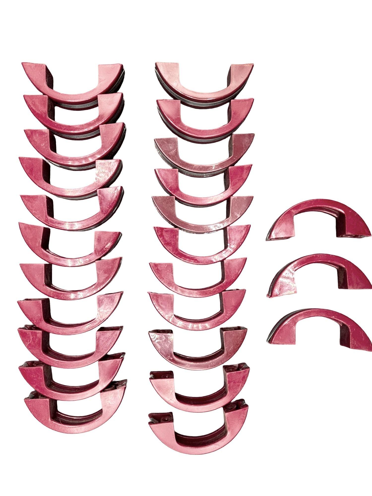 Set of 25dark maroon red Catalin (colored Bakelite) drawer/door pull knobs each with a chrome strip down the center. Complete your period kitchen cabinetry with these classic Art Deco-era with a striking red color complemented by a sleek chrome