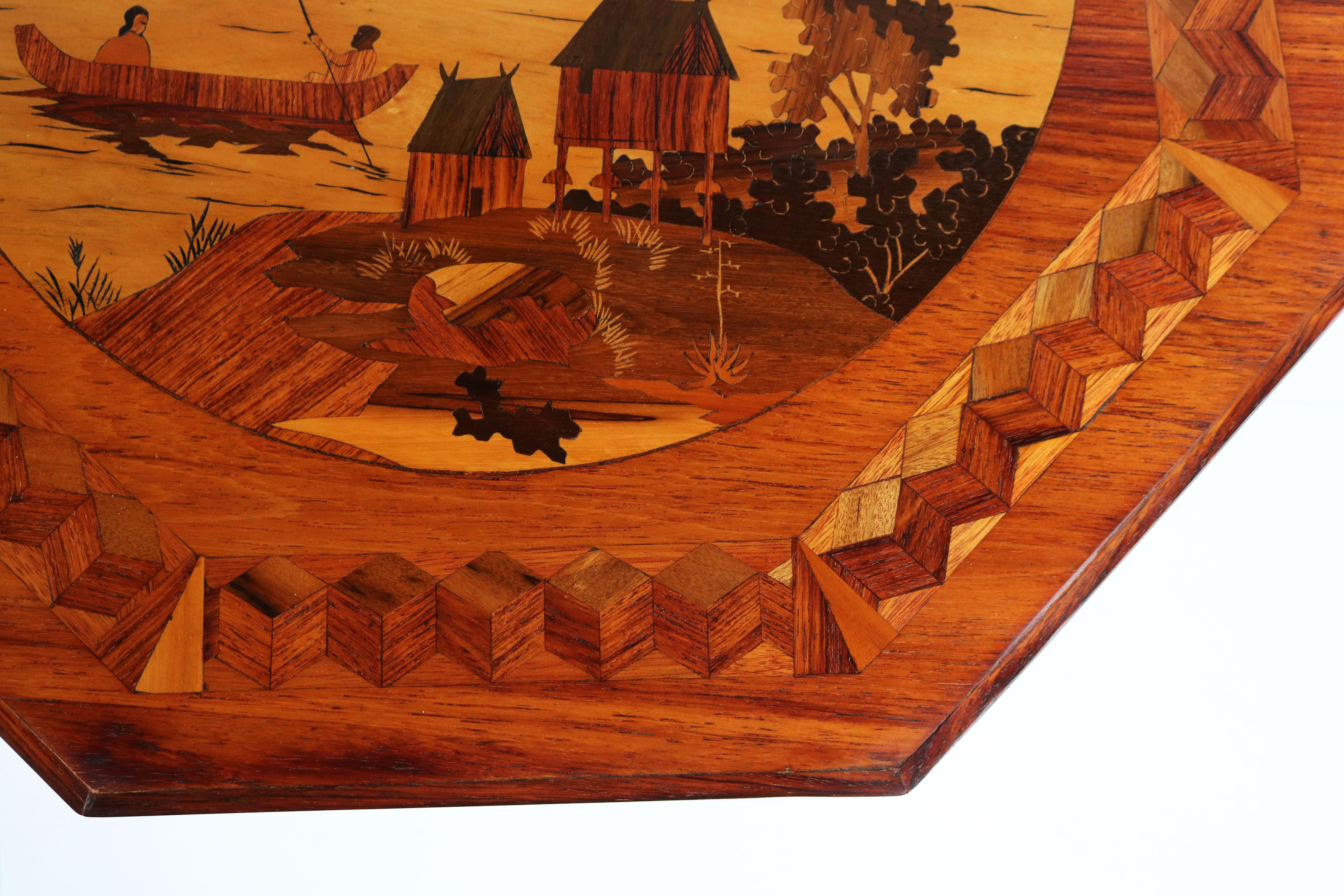 Wood Antique French Art Deco Octagonal Side Table Geometric Oriental scene 1930 inlay For Sale