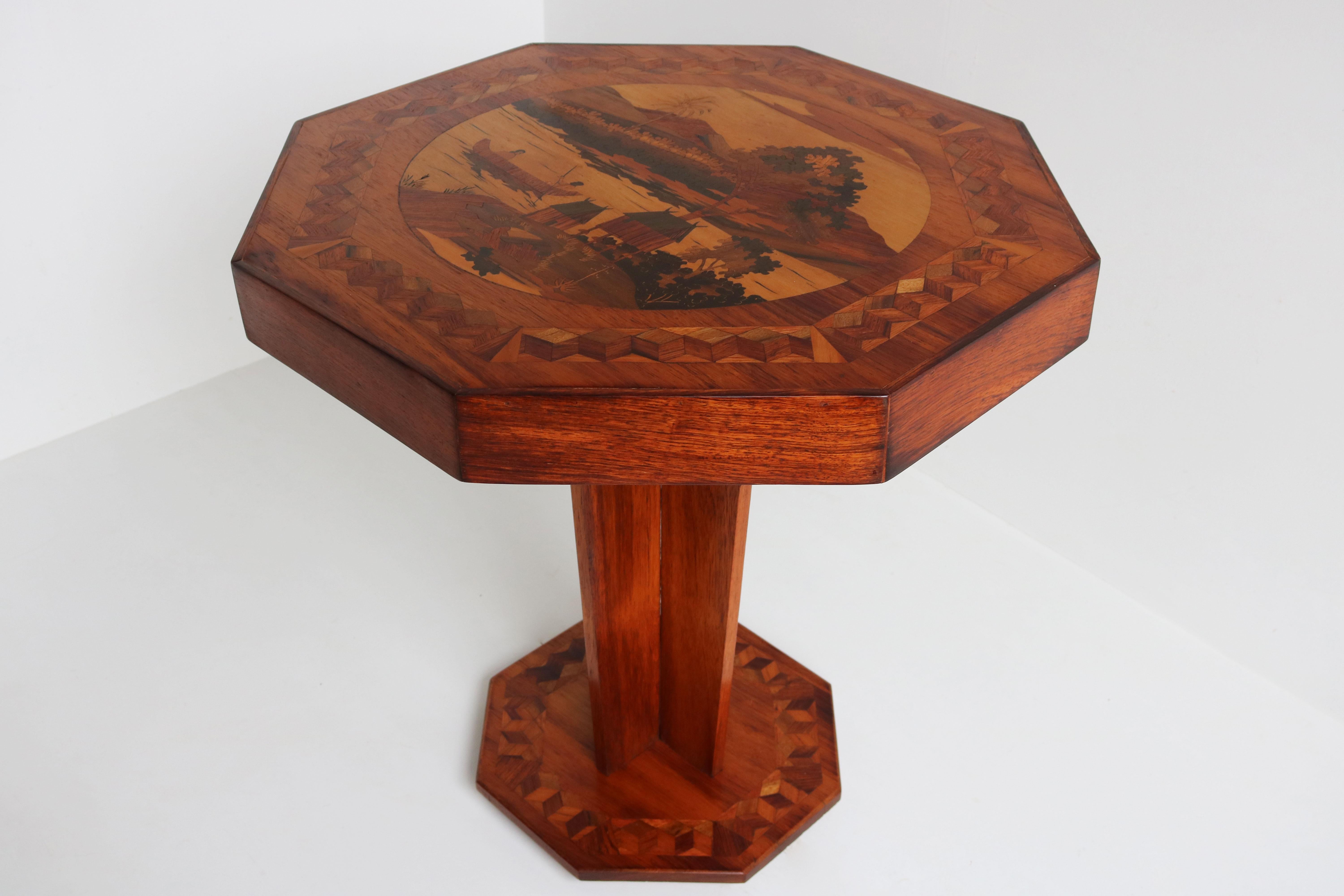 Antique French Art Deco Octagonal Side Table Geometric Oriental scene 1930 inlay For Sale 3