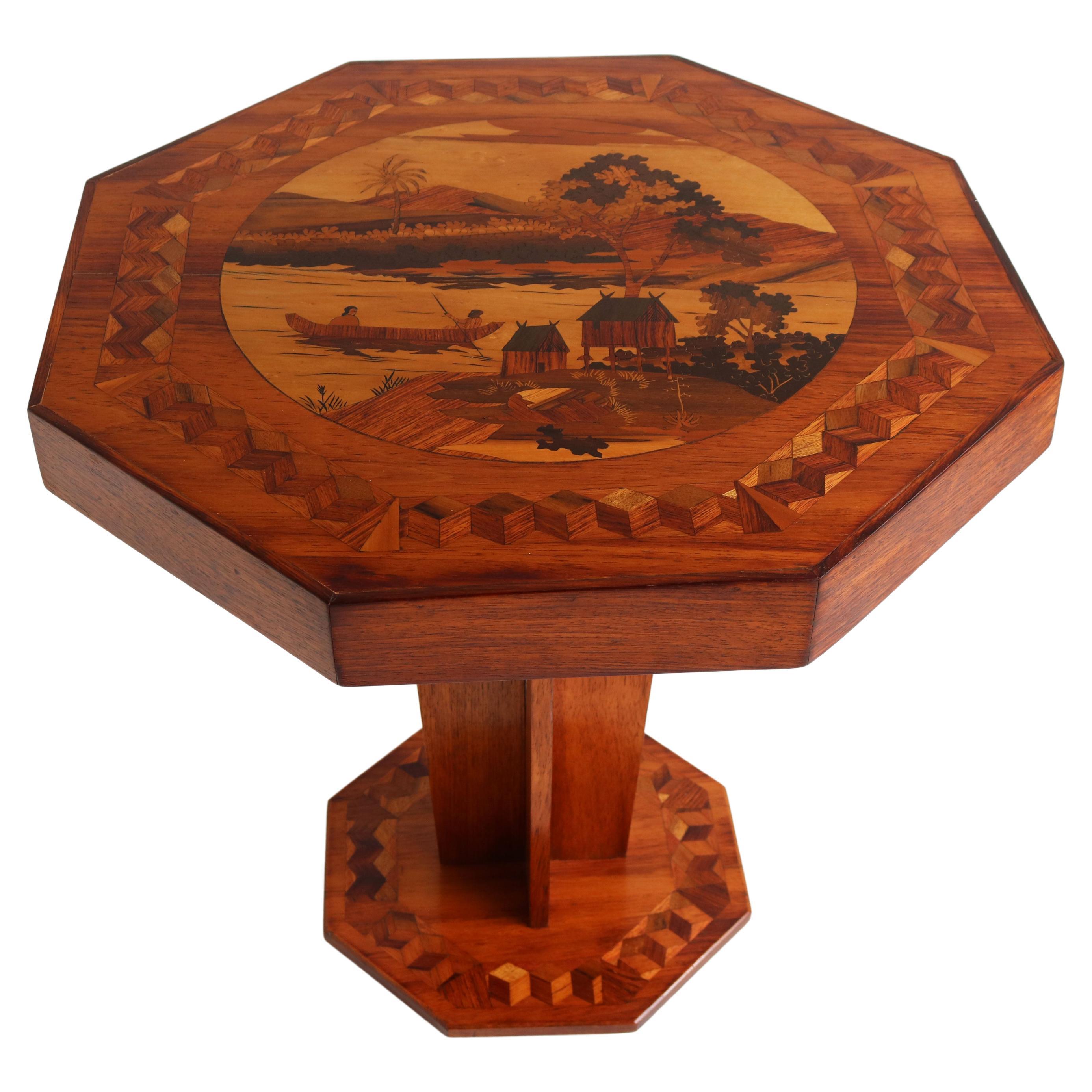 Antique French Art Deco Octagonal Side Table Geometric Oriental scene 1930 inlay For Sale