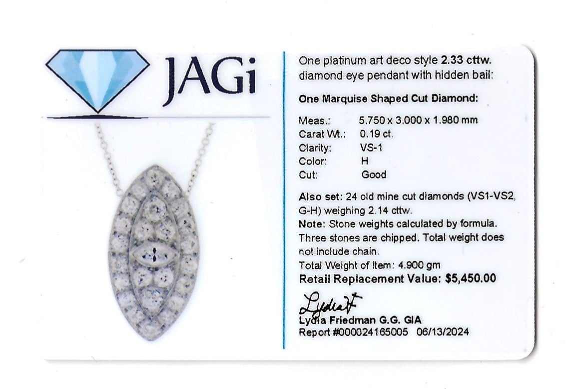 Art Deco Marquise and Old Mine Cut Diamond Eye Pendant Necklace in Platinum For Sale 4