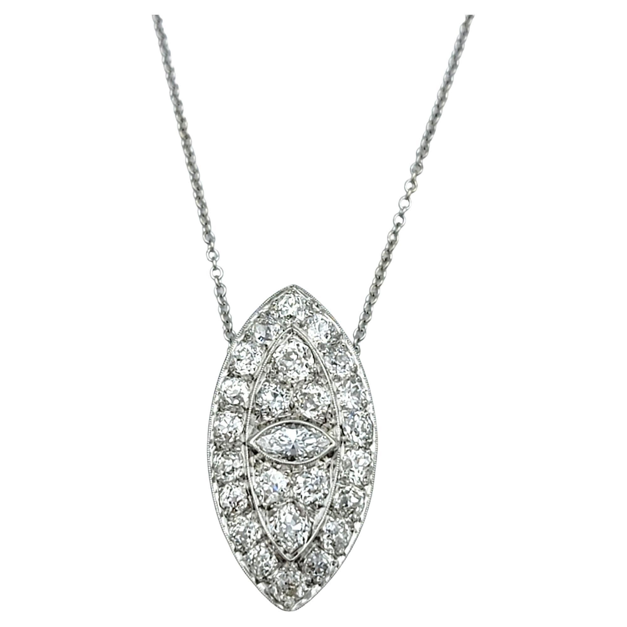 Art Deco Marquise and Old Mine Cut Diamond Eye Pendant Necklace in Platinum