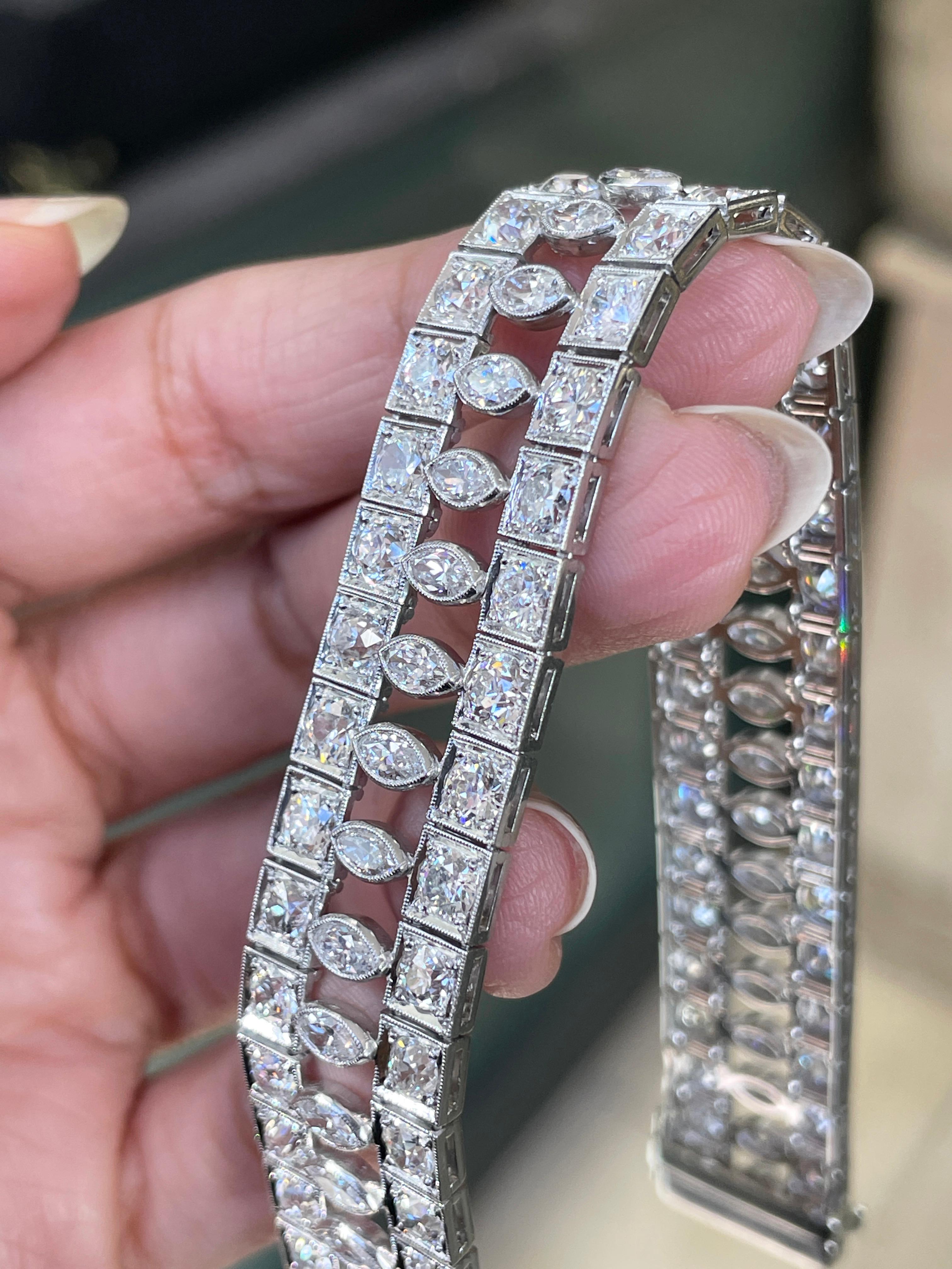 Platinarmband im Art-déco-Stil mit Marquise- und runden Diamanten im Altschliff, ca. 1920er Jahre im Zustand „Hervorragend“ im Angebot in London, GB