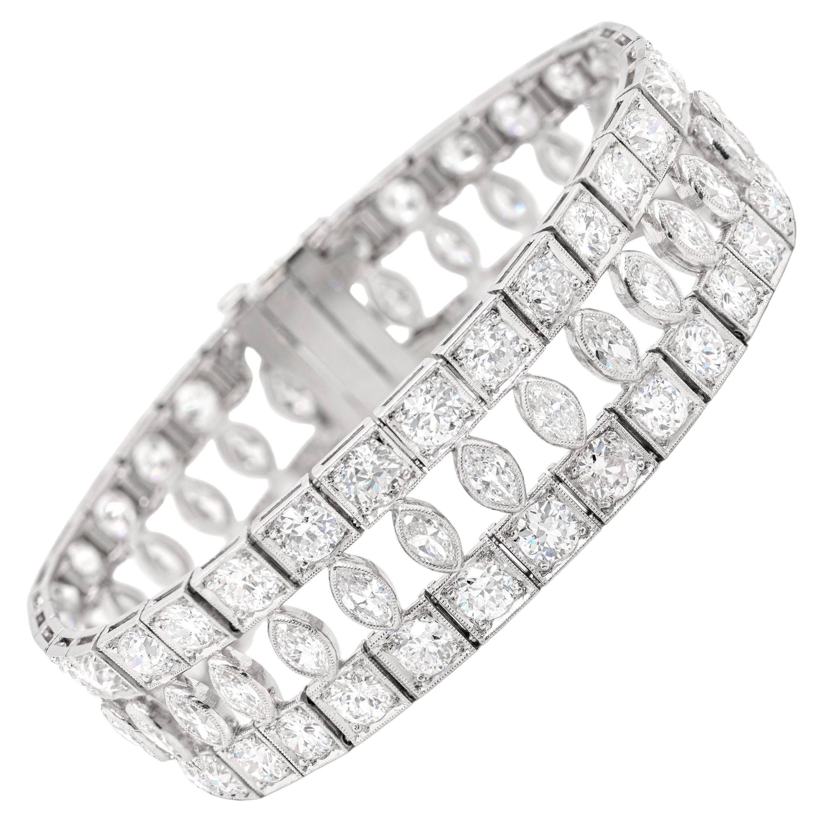 Art Deco Marquise and Round Old Cut Diamond Platinum Bracelet, circa 1920s For Sale