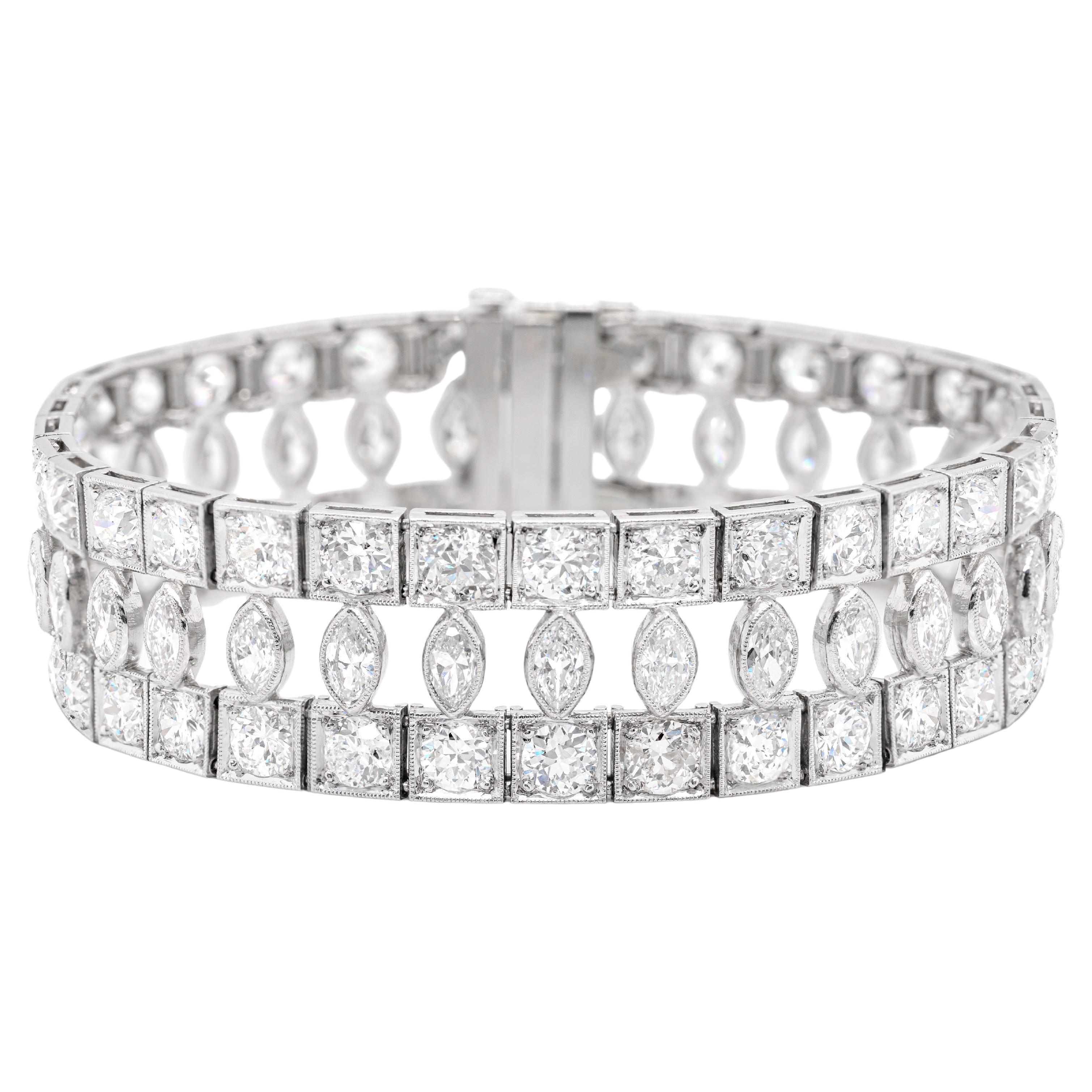 Art Deco Marquise and Round Old Cut Diamond Platinum Bracelet, circa 1920s