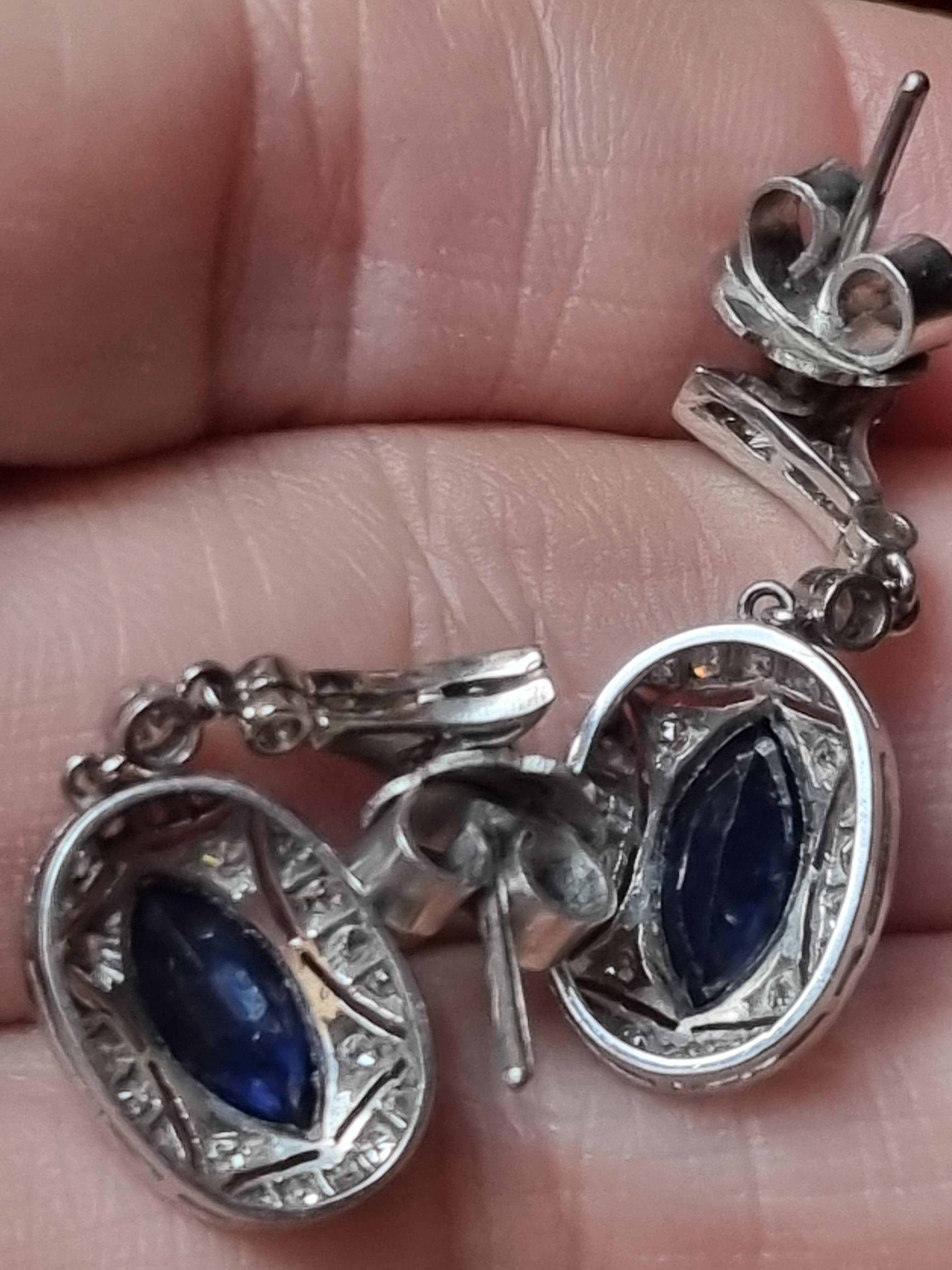 Art Deco Marquise Blauer Saphir und Diamant-Tropfen-Ohrringe Ca. 1925 Damen im Angebot