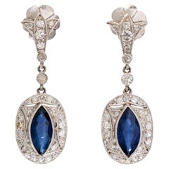 Art Deco Marquise Blue Sapphire and Diamond Drop Earrings Ca. 1925