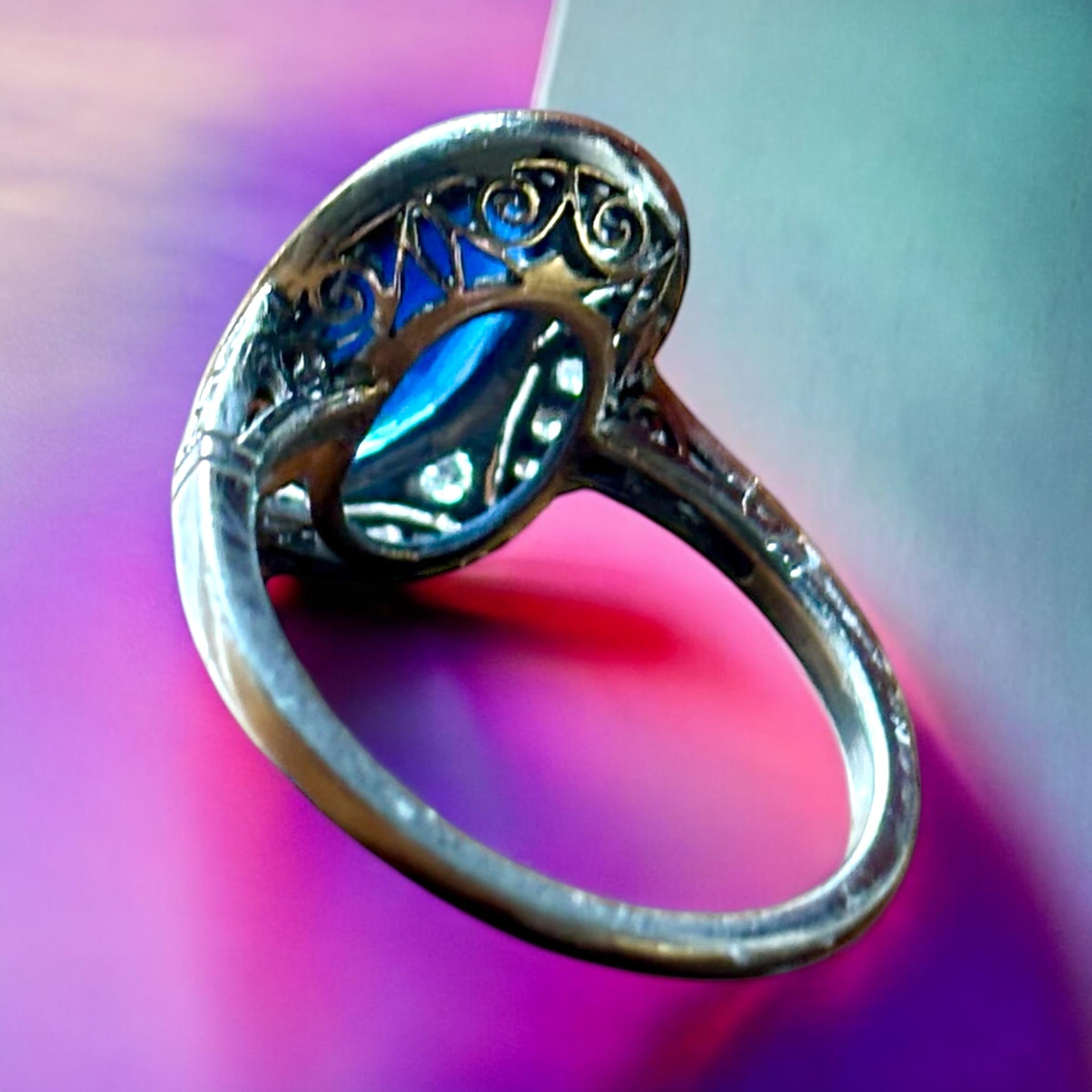 Art Deco Marquise Blue Sapphire and Diamond Ring  mounted in Platinum For Sale 9