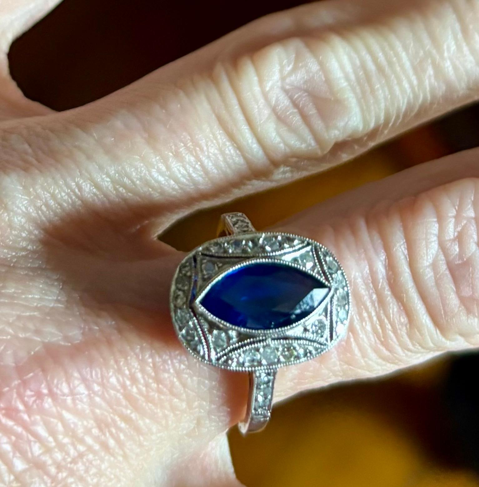 Art Deco Marquise Blue Sapphire and Diamond Ring  mounted in Platinum For Sale 11