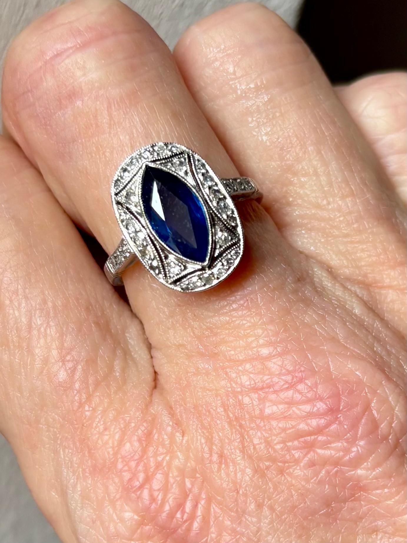 Art Deco Marquise Blue Sapphire and Diamond Ring  mounted in Platinum For Sale 12