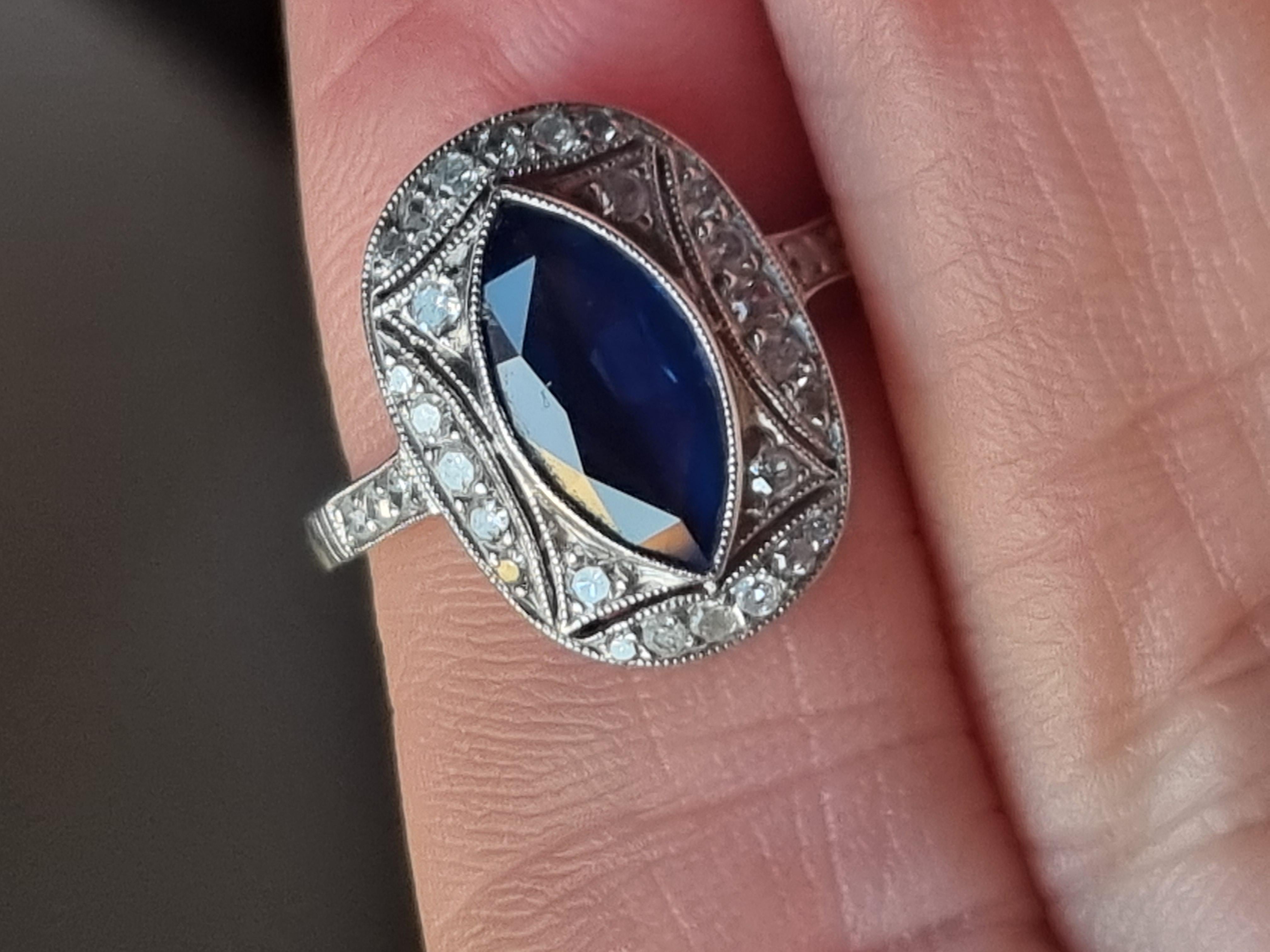 Marquise Cut Art Deco Marquise Blue Sapphire and Diamond Ring  mounted in Platinum For Sale