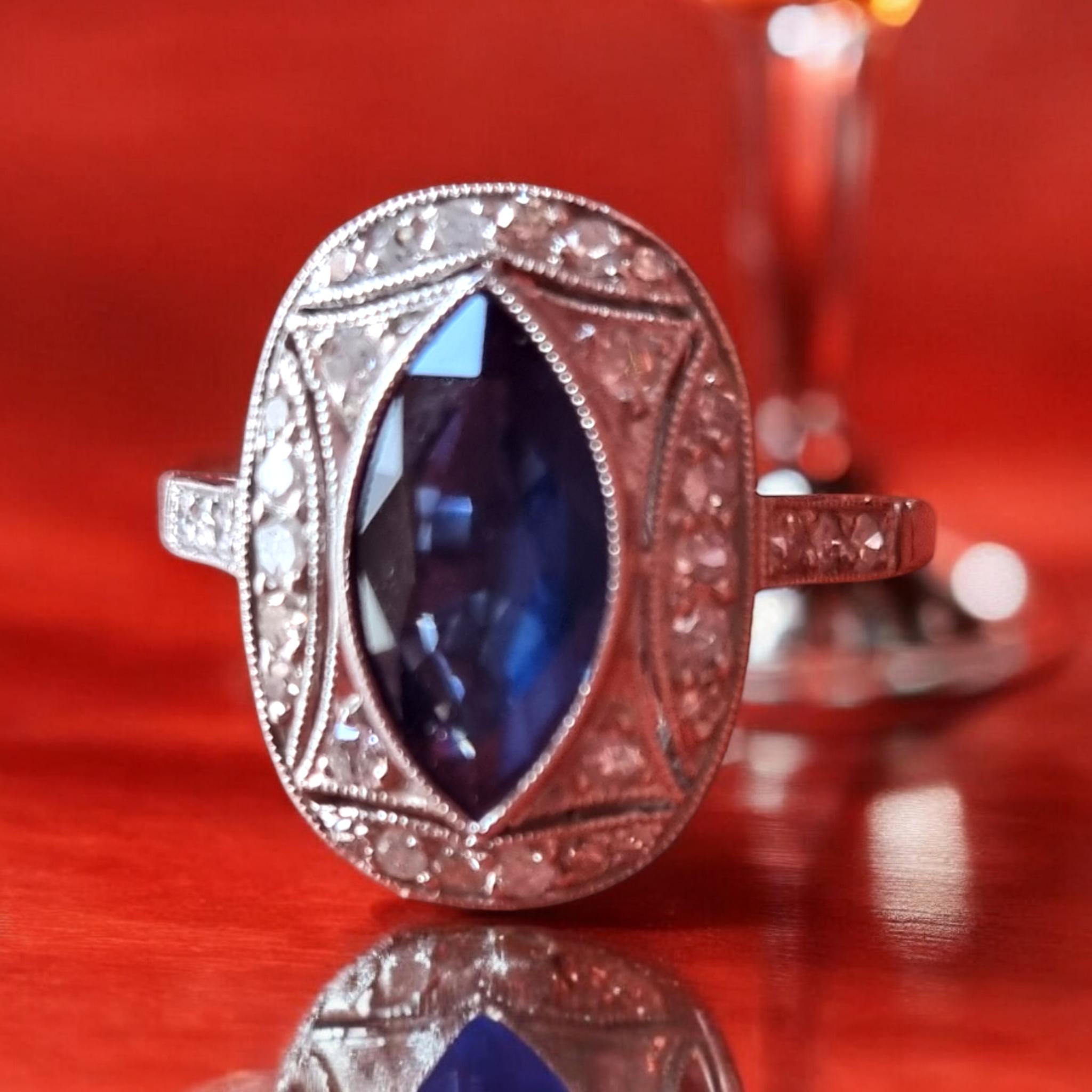 Art Deco Marquise Blue Sapphire and Diamond Ring  mounted in Platinum For Sale 5